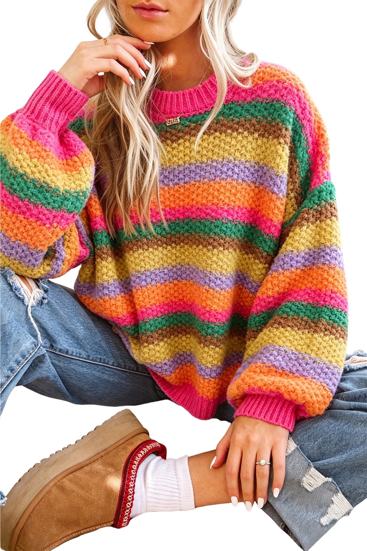 Rainbow Striped Puff Sleeve Knit Sweater