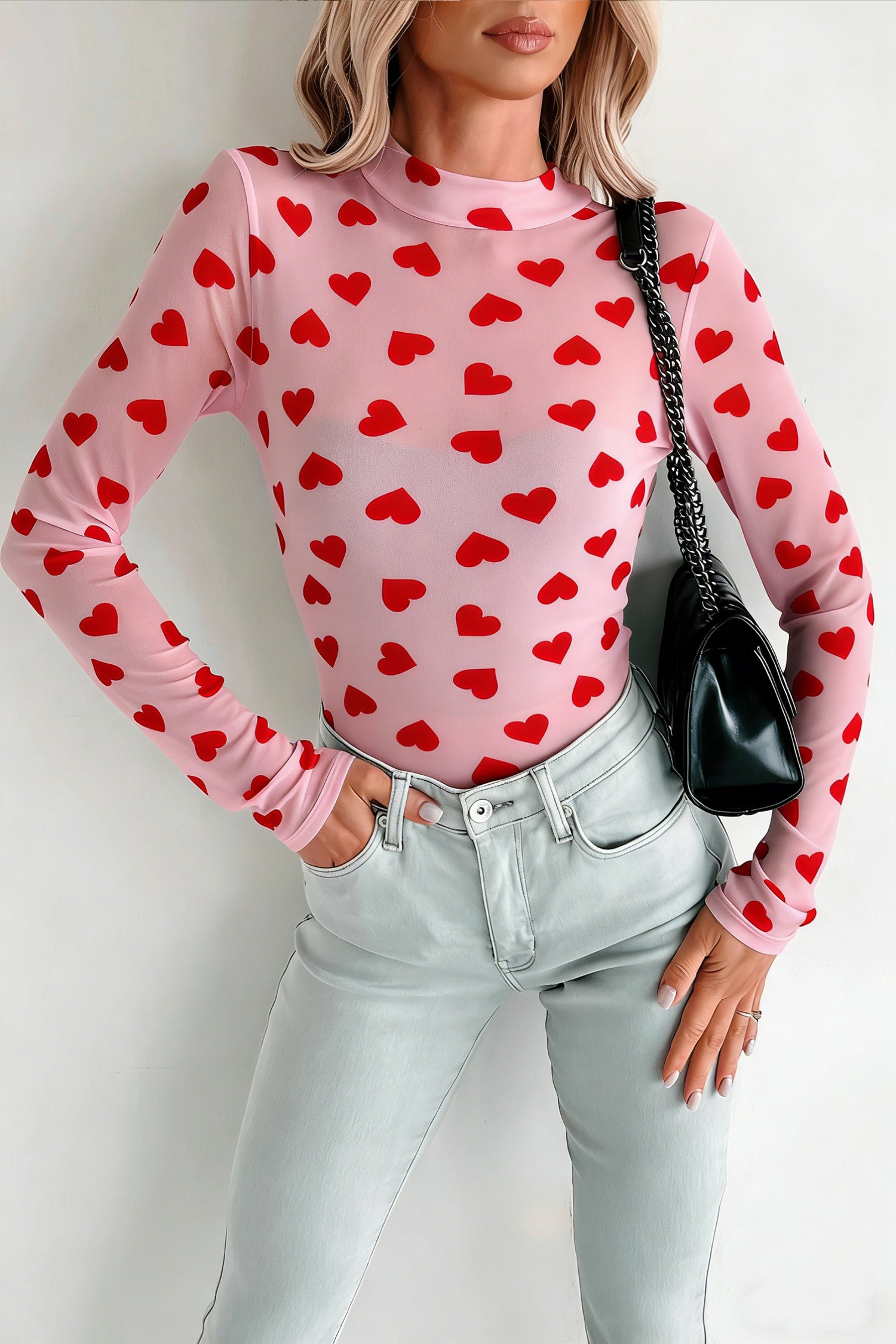Pink Valentines Heart Printed Sheer Mesh Long Sleeve Top