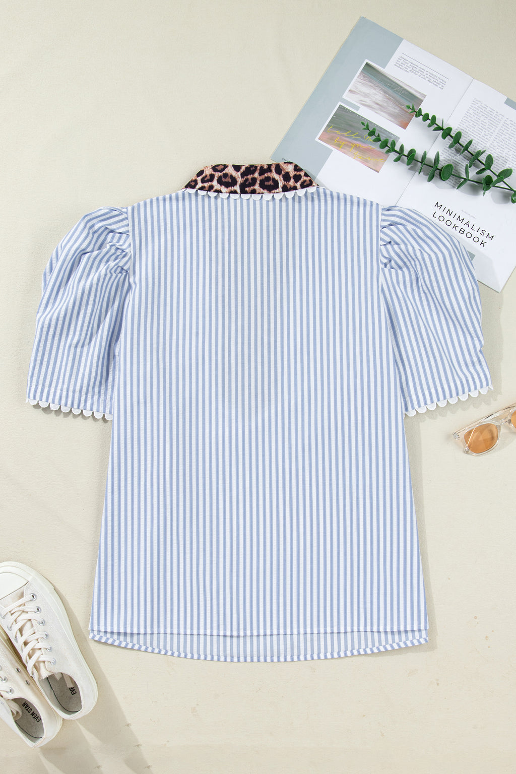 Sky Blue Stripe Plus Size Leopard Patchwork Collar Short Bubble Sleeve Blouse