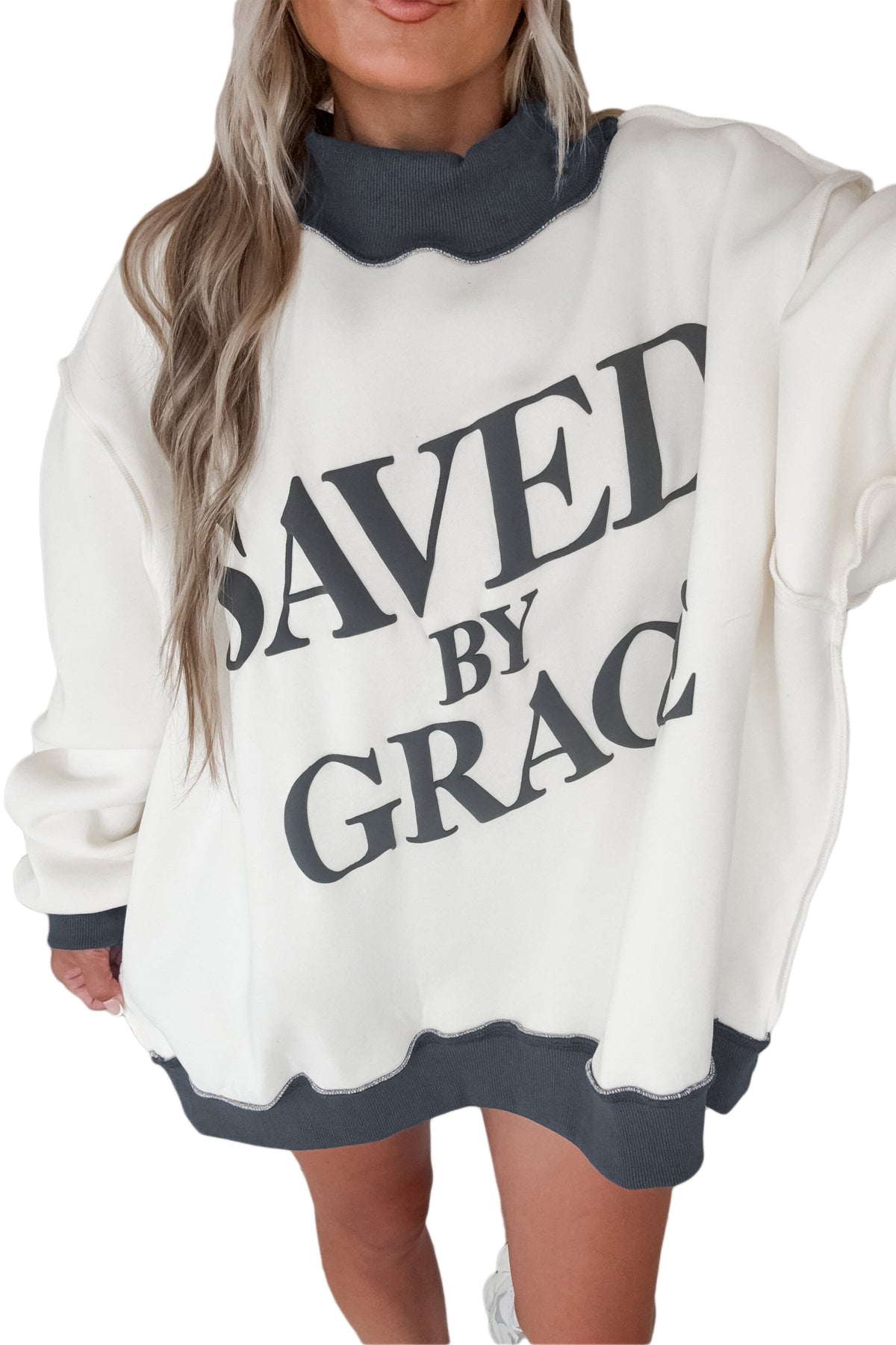 Coffee Saved By Grace Print Color Block Mock Neck Oversized Sweatshirt
