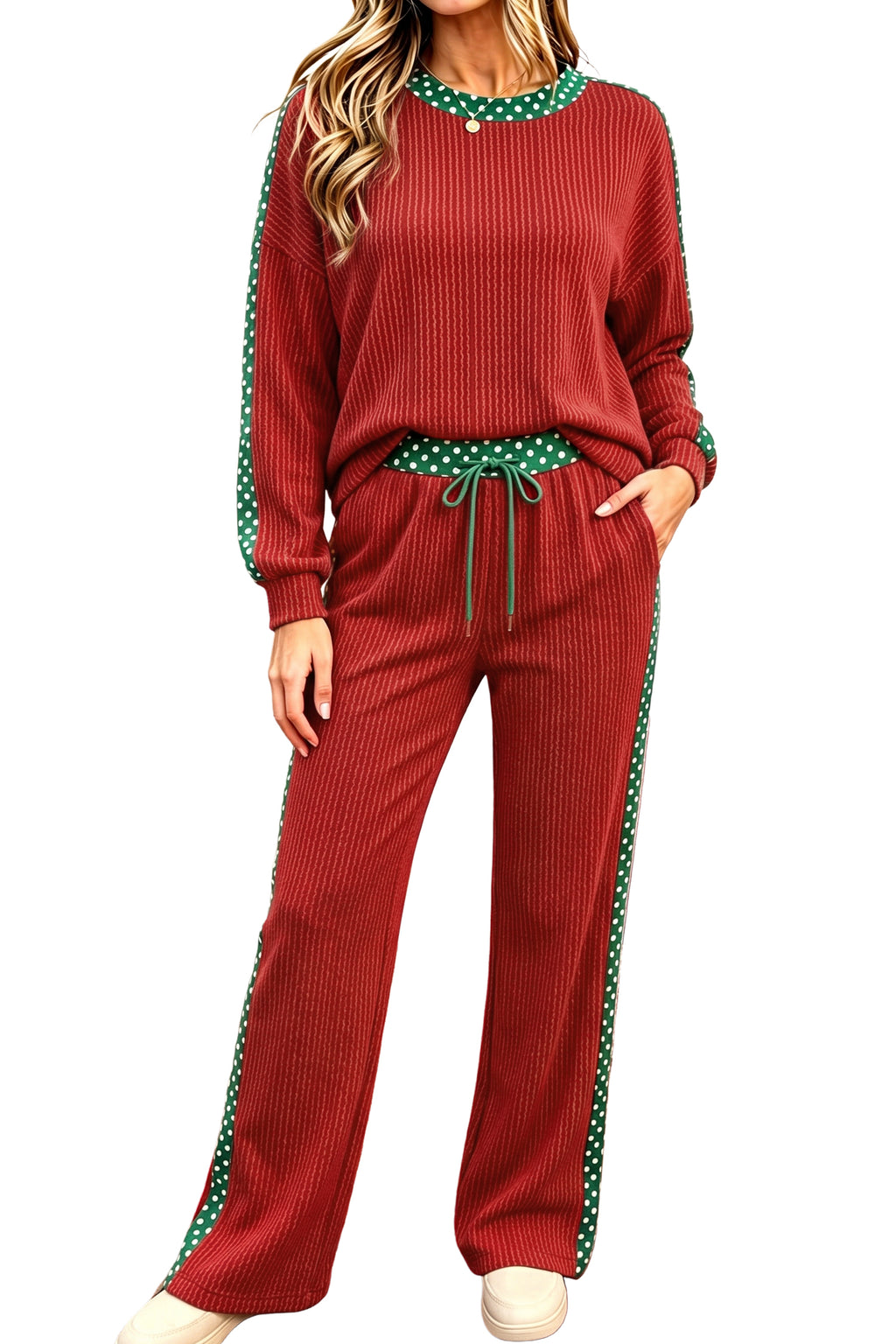 Red Cozy Ribbed Patchwork Polka Dot Trim Long Sleeve 2pcs Pant Set