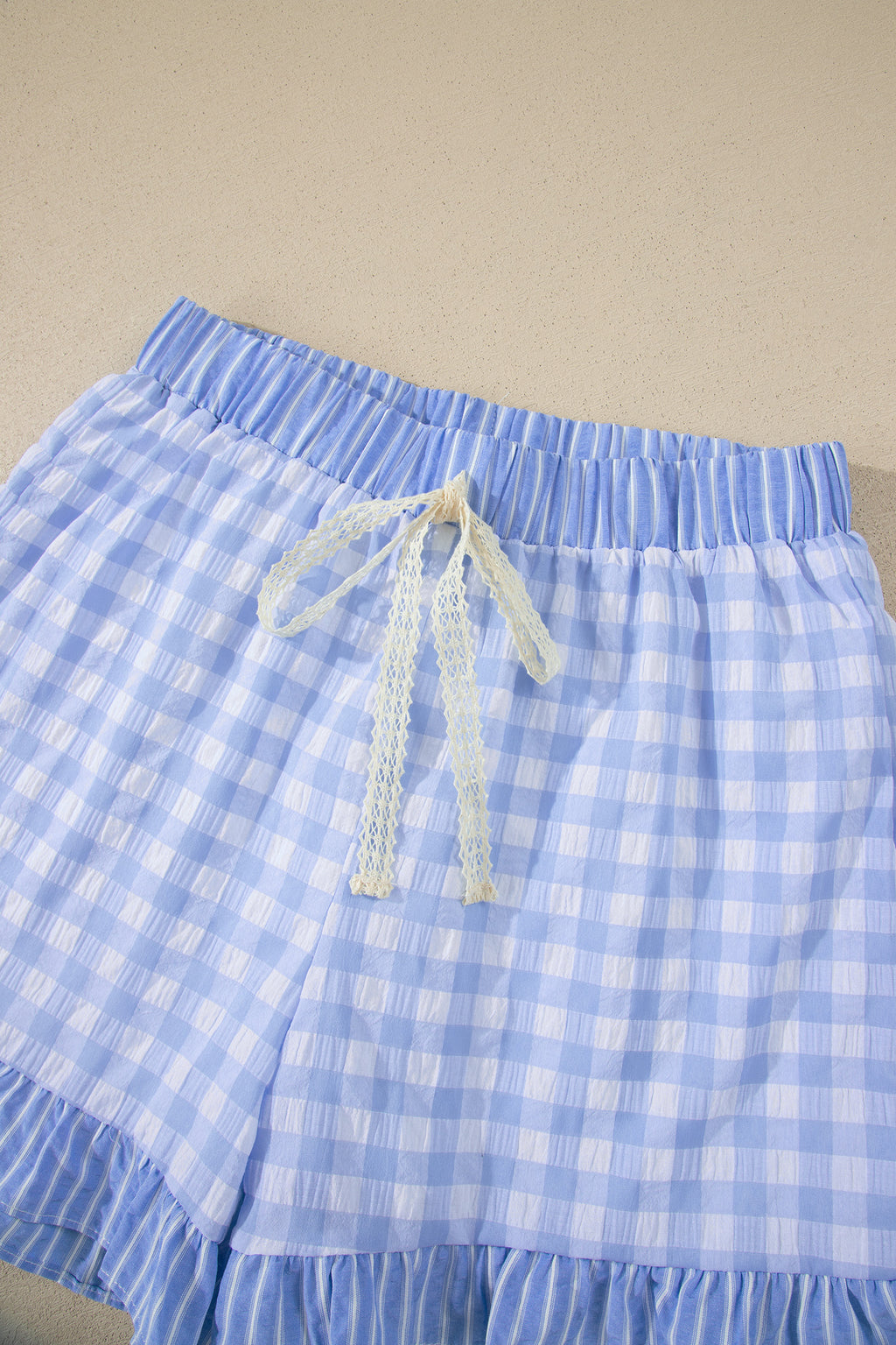 Pink Gingham Print Ruffle Striped Detail Lace Tie Shorts