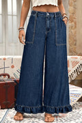 Dirty blue Plus Size Elastic Waist Ruffled Wide Leg Denim Pants