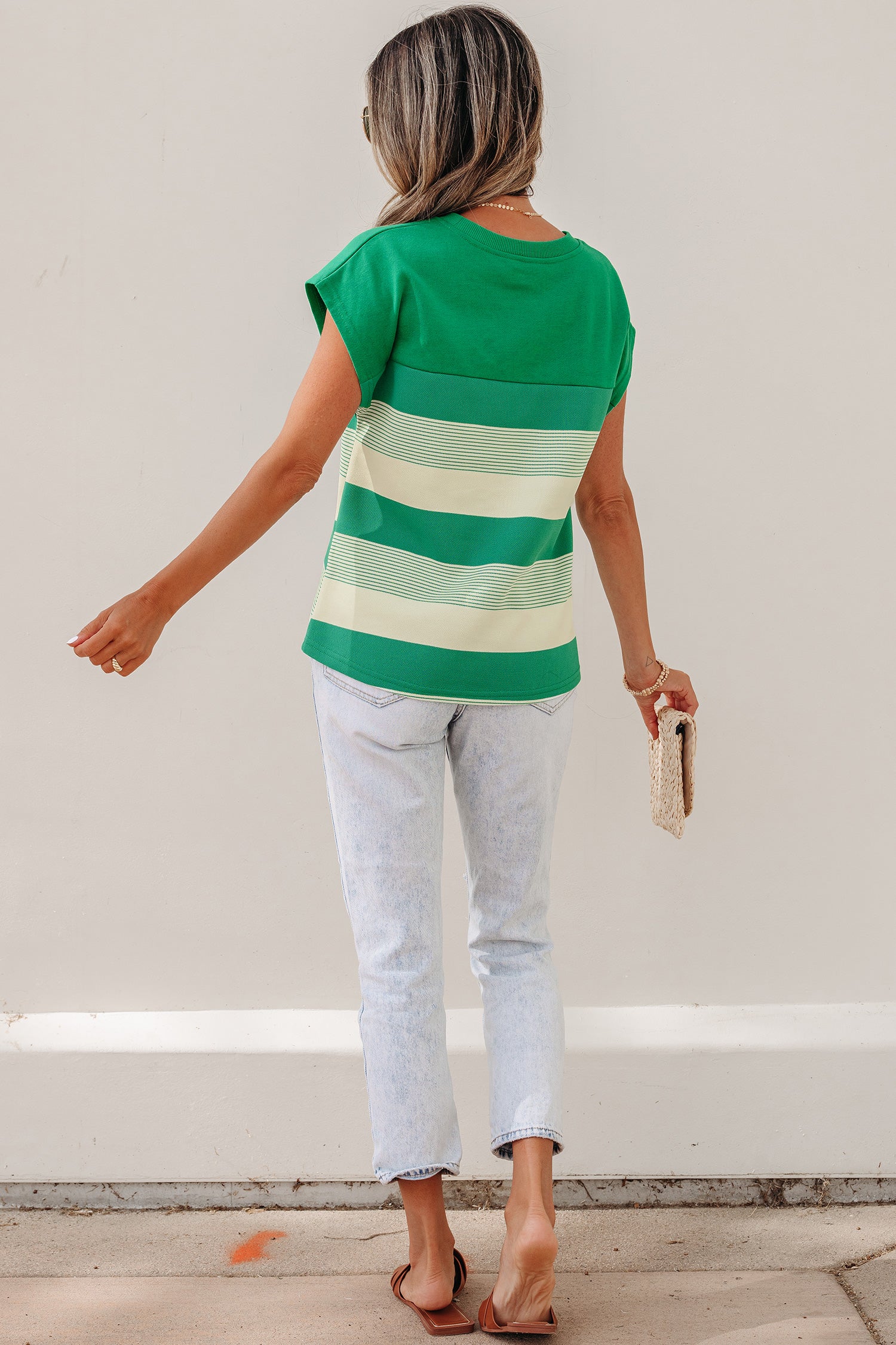 Black Stripe Mixed Print Crew Neck Cap Sleeve T Shirt