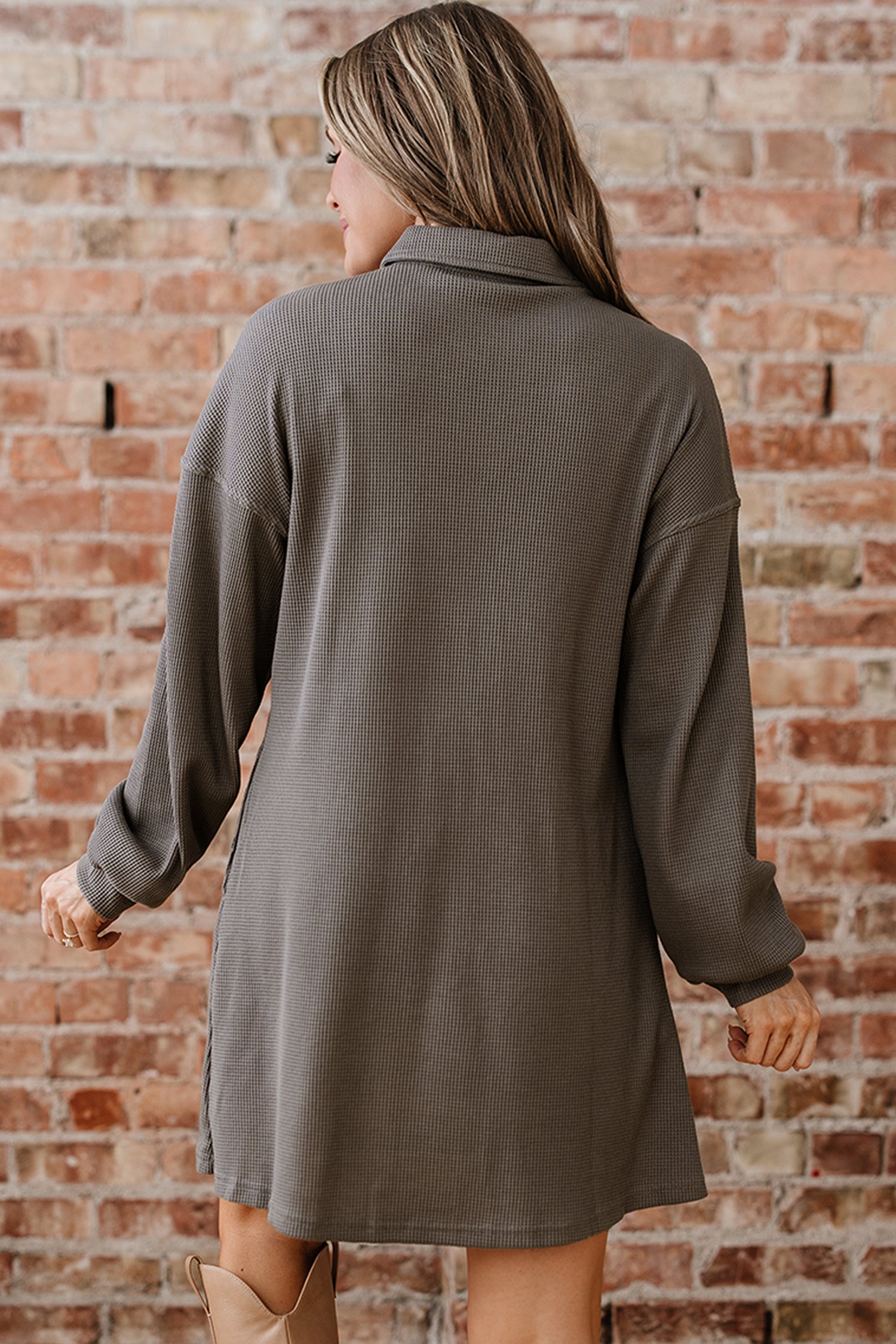 Simply Taupe Waffle Knit Shirt Tunic Dress