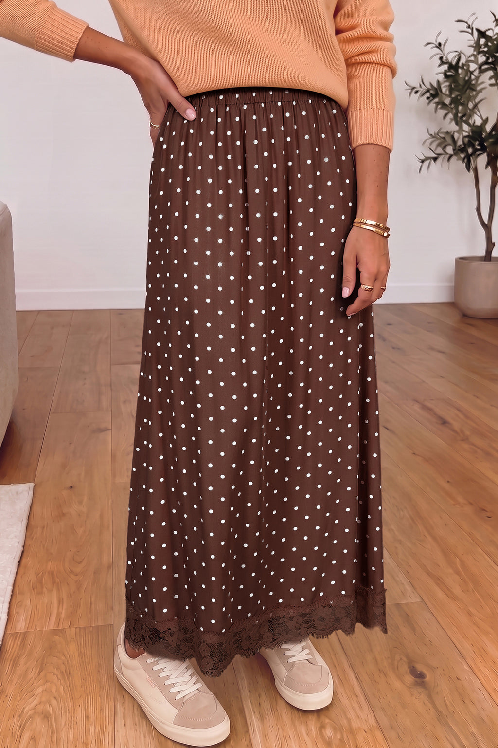 Khaki Polka Dot Lace Hem Elegant Long Shift Skirt