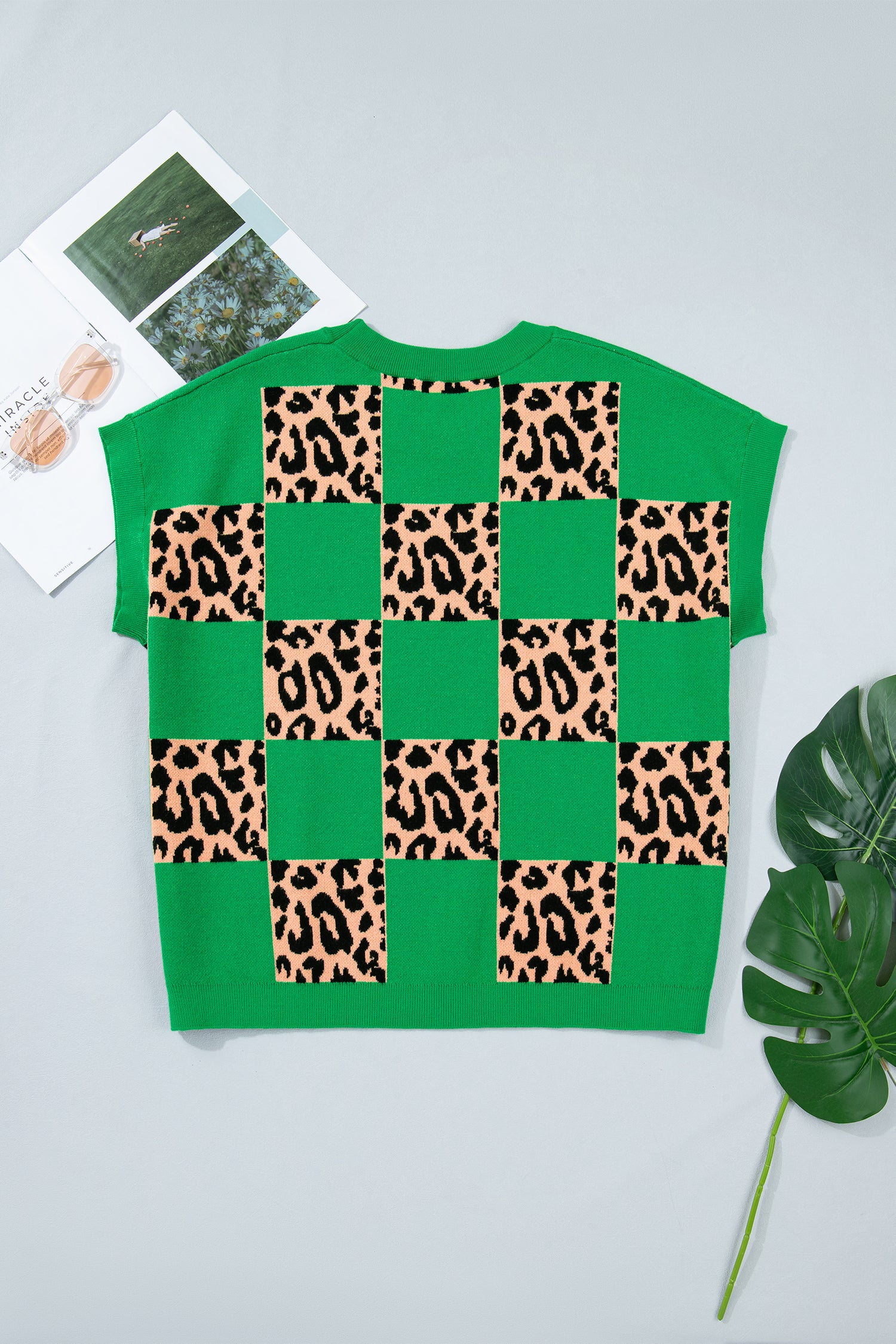 Red Plus Size Leopard Contrasted Checkered Short Sleeve Sweater