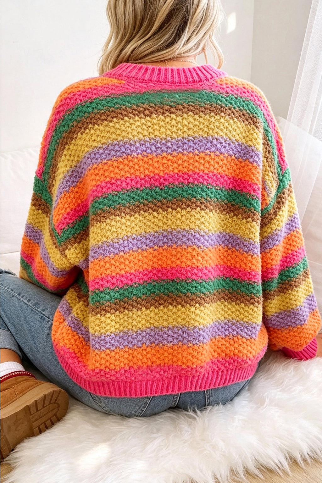 Rainbow Striped Puff Sleeve Knit Sweater