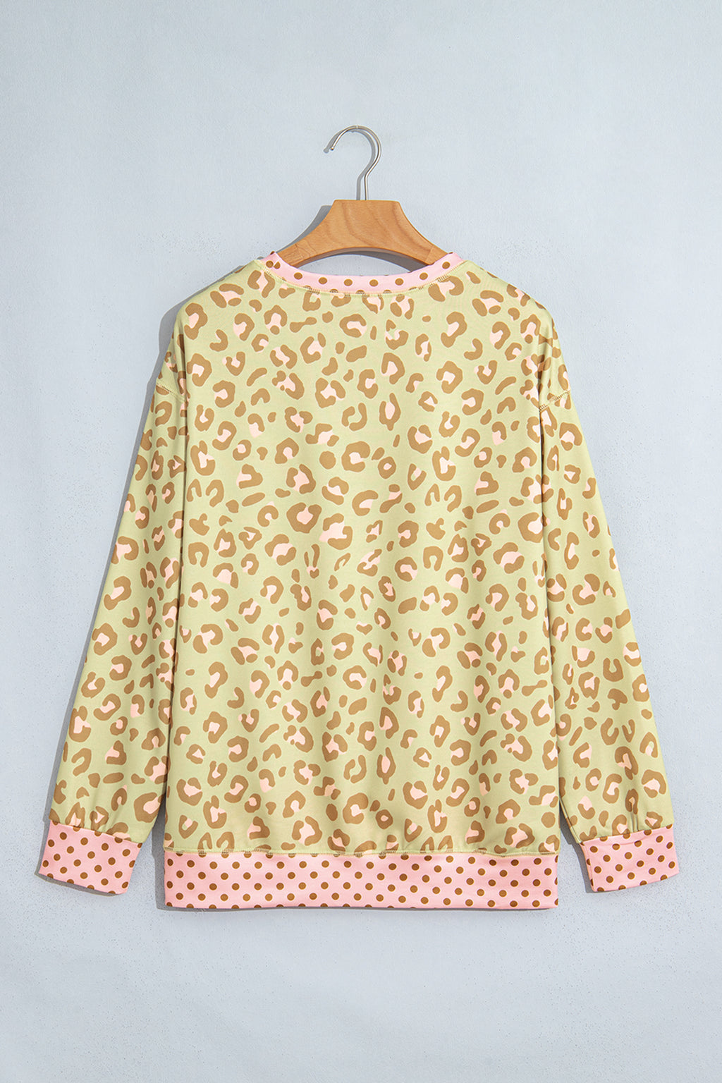 Khaki Leopard Polka Dot Colorblock Trim Long Sleeve Top