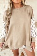 Khaki Polka Dot Patchwork Sleeve Crew Neck Loose Pullover Sweatshirt