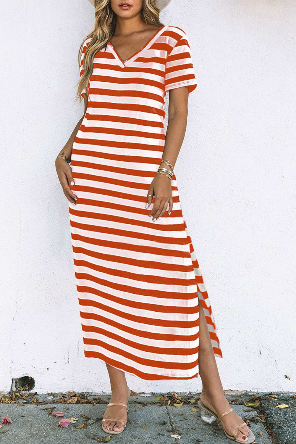 Black Stripe Print V Neck Maxi Dress with Side Splits