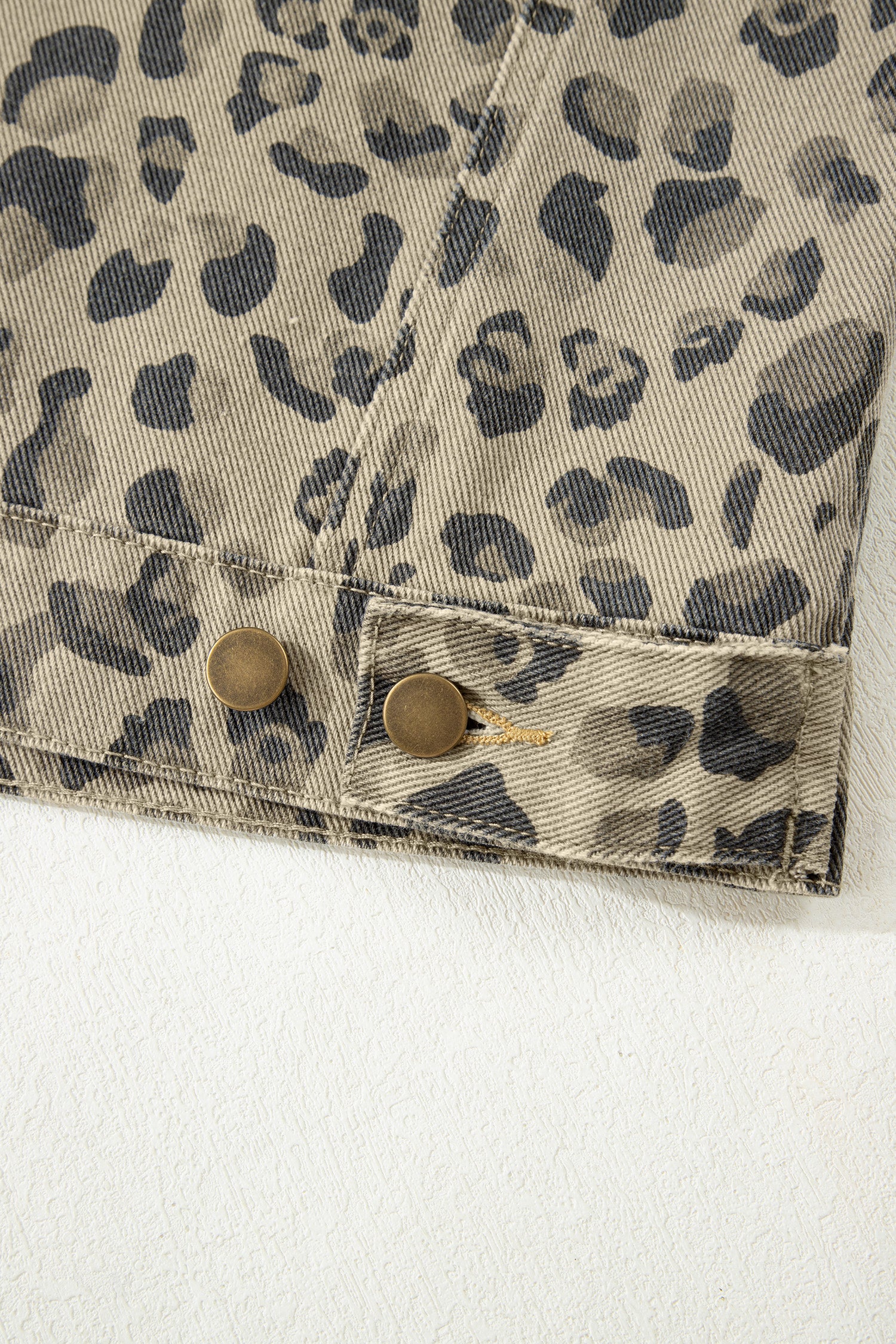 Khaki Retro Leopard Print Seam Detail Button Down Denim Jacket