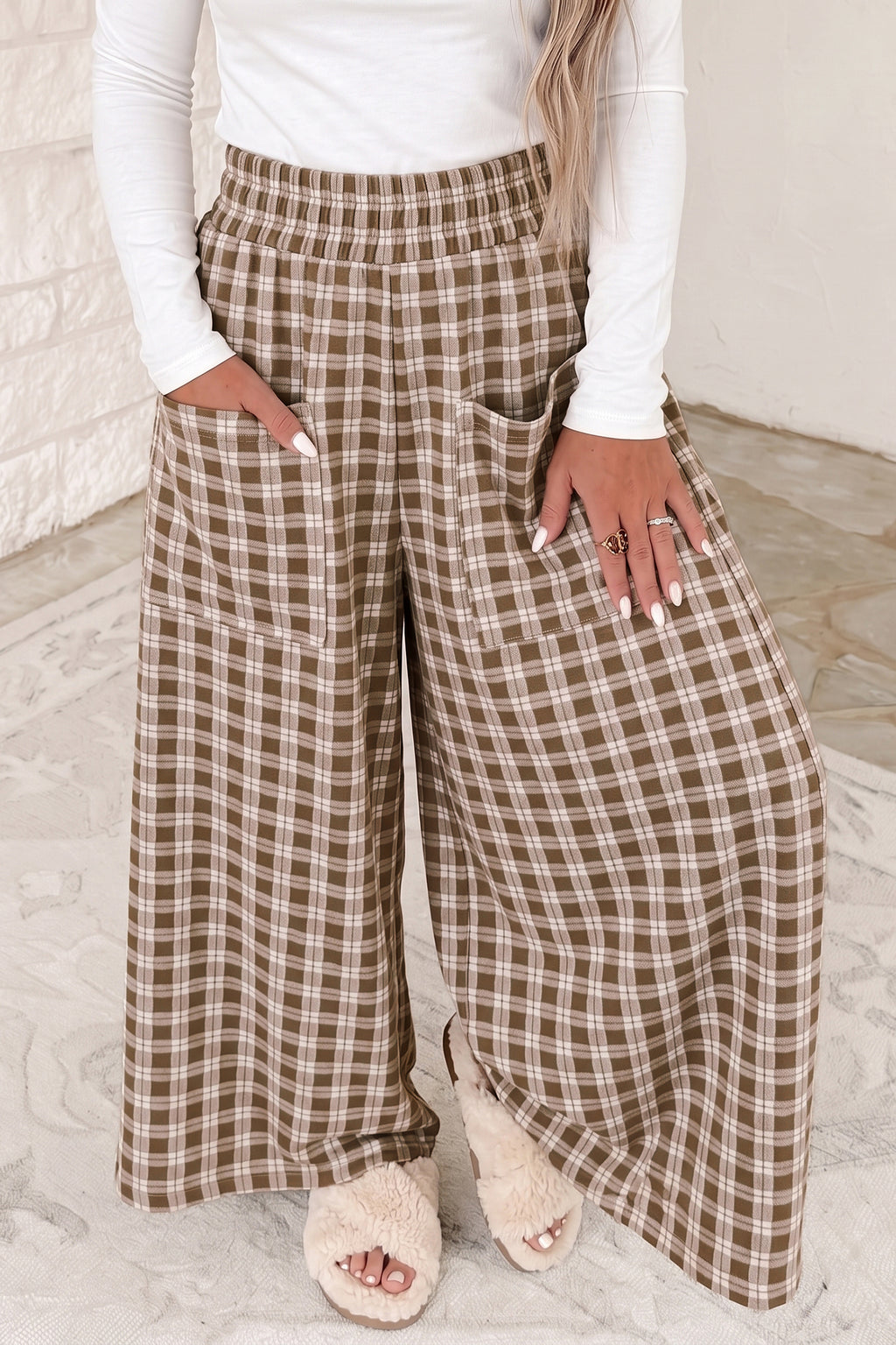 Khaki Plaid Elastic Waist Patch Pocket Wide Leg Pants