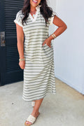 Green Stripe Collared V Neck Short Sleeve T Shirt Midi Dress with Pockets