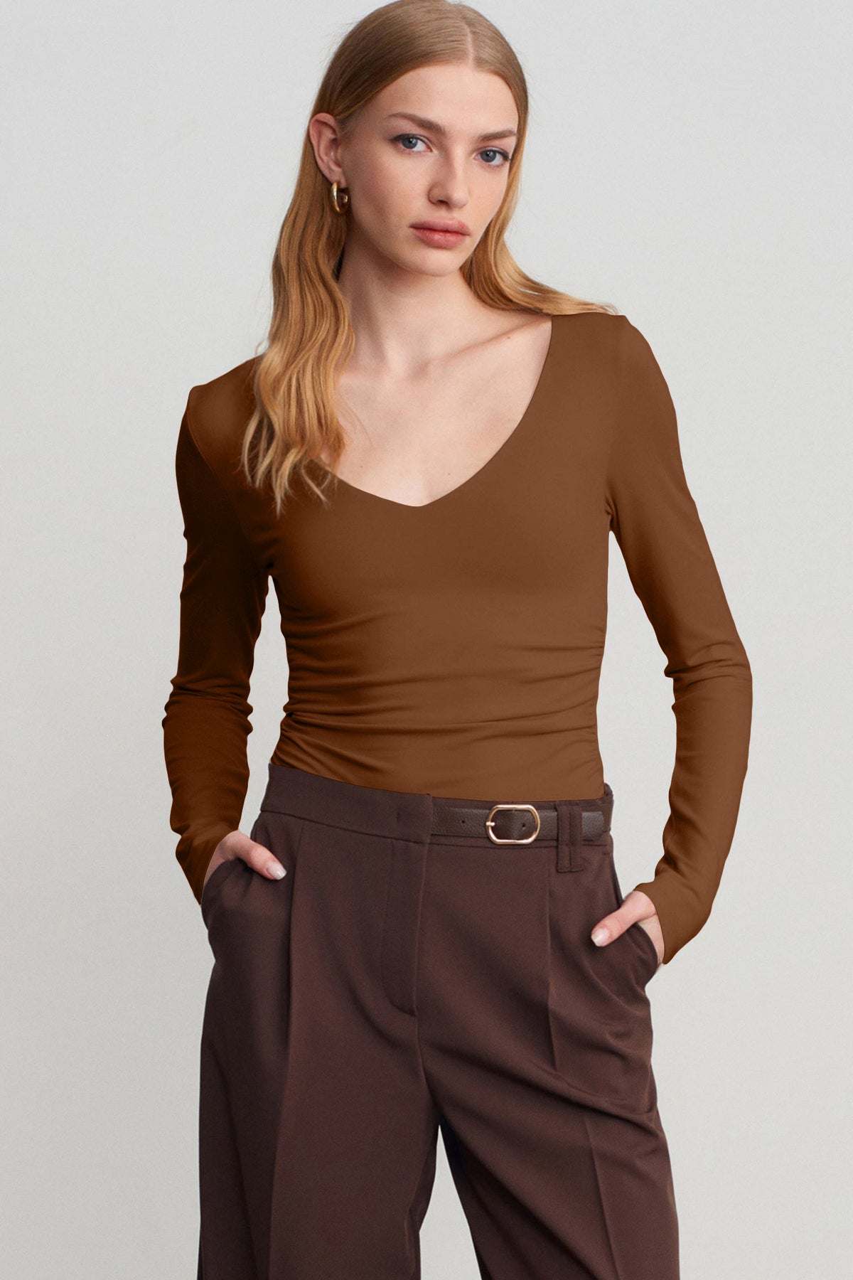 Slim-Fit V-Neck Long-Sleeve Top with Built-In Bra