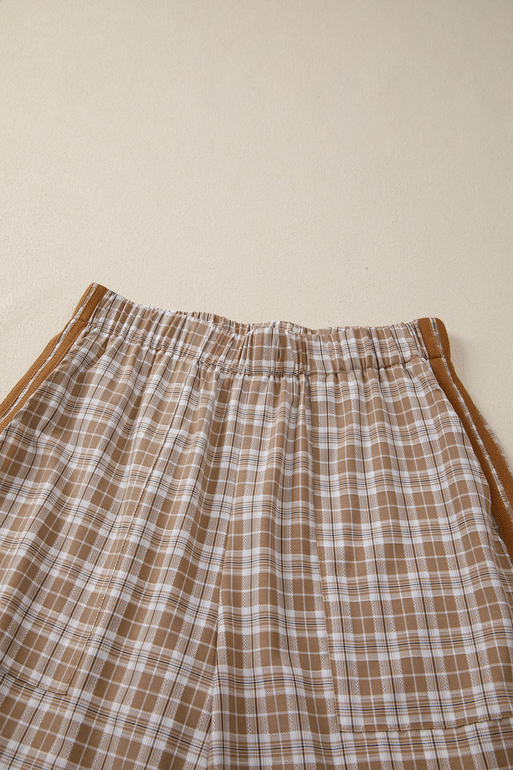 Chestnut Plaid Print Elastic Waist Bow Tie Contrast Detail Jogger Pants