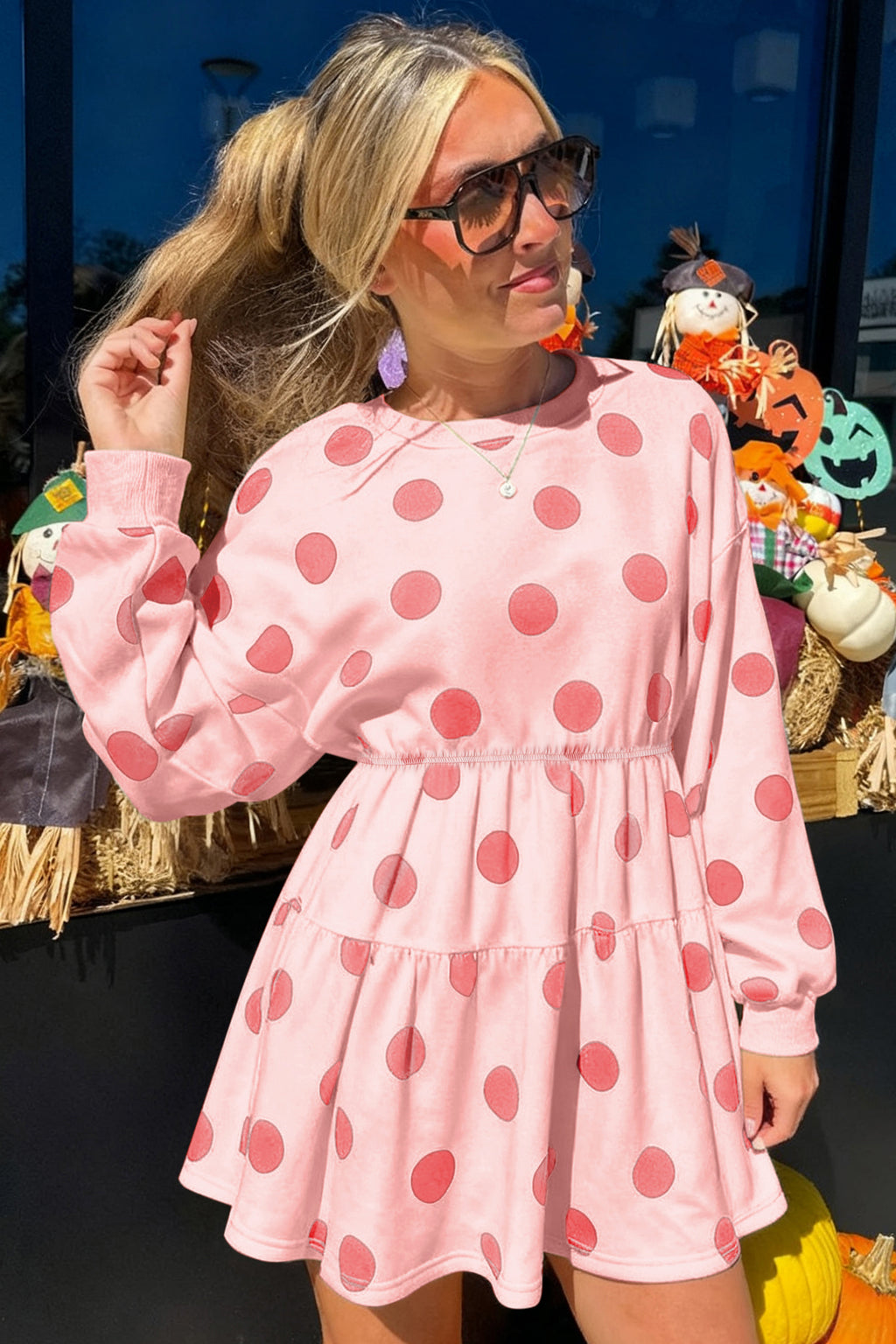 Pink Polka Dot Printed Long Sleeve Flared Mini Dress
