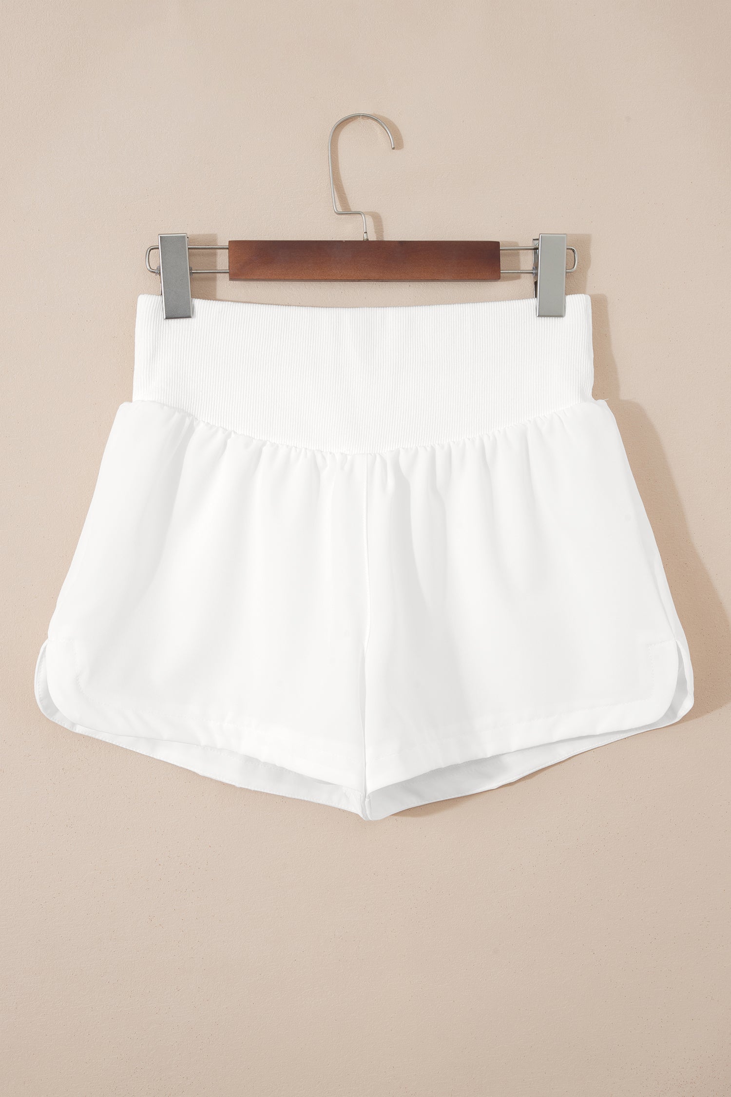 White Solid Color Ribbed Patchwork High Waist Athletic Shorts
