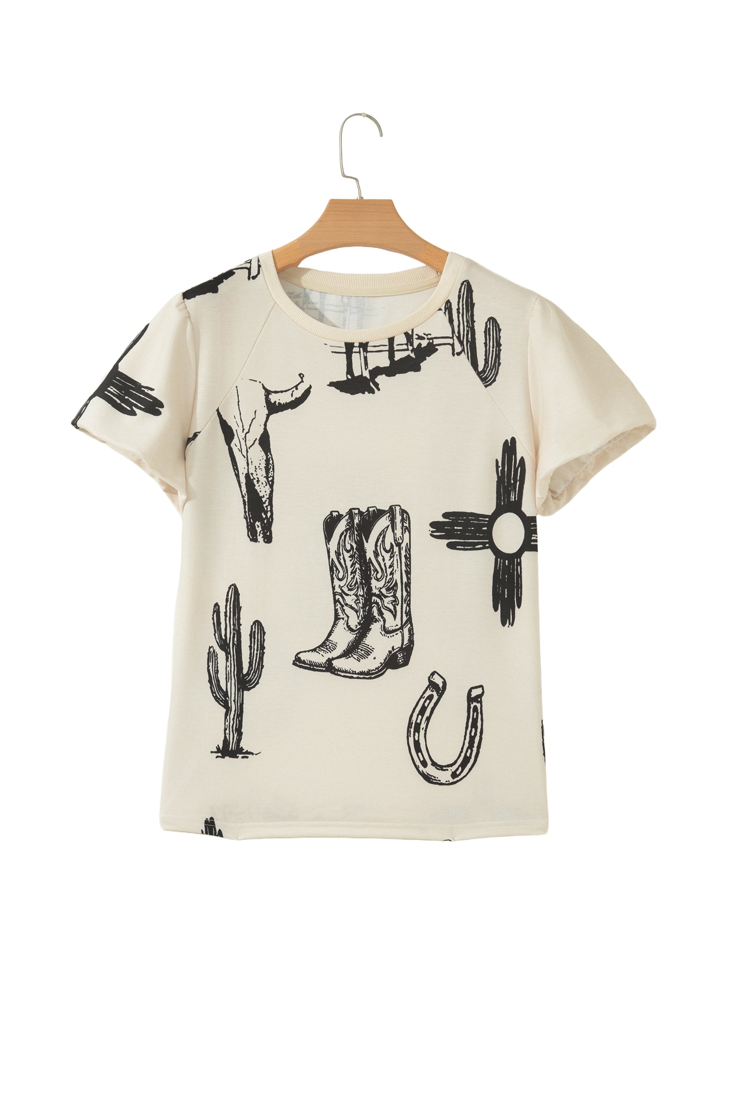 Beige Retro Western Print T Shirt