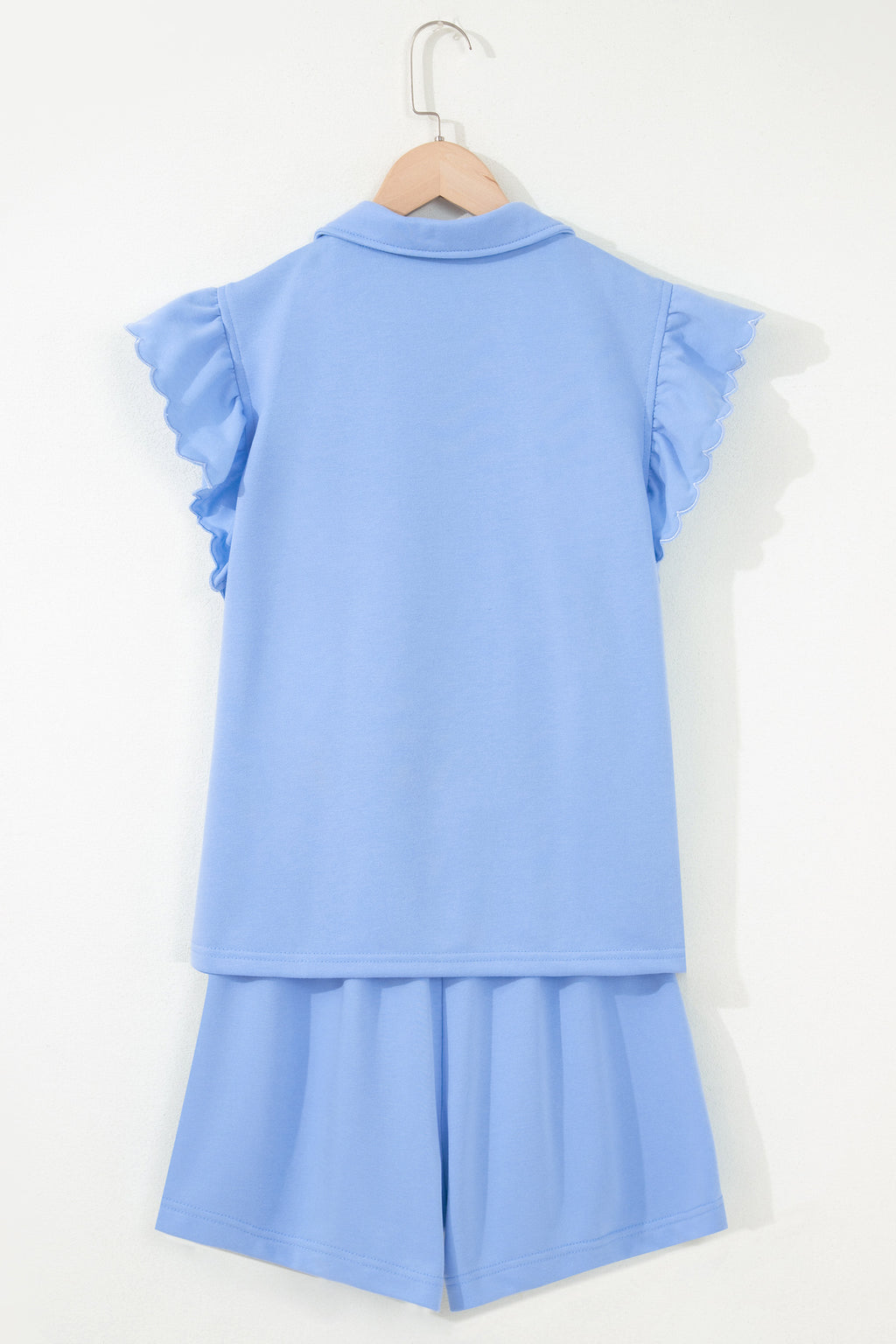 Sky Blue Half Zipped Ruffled Short Set