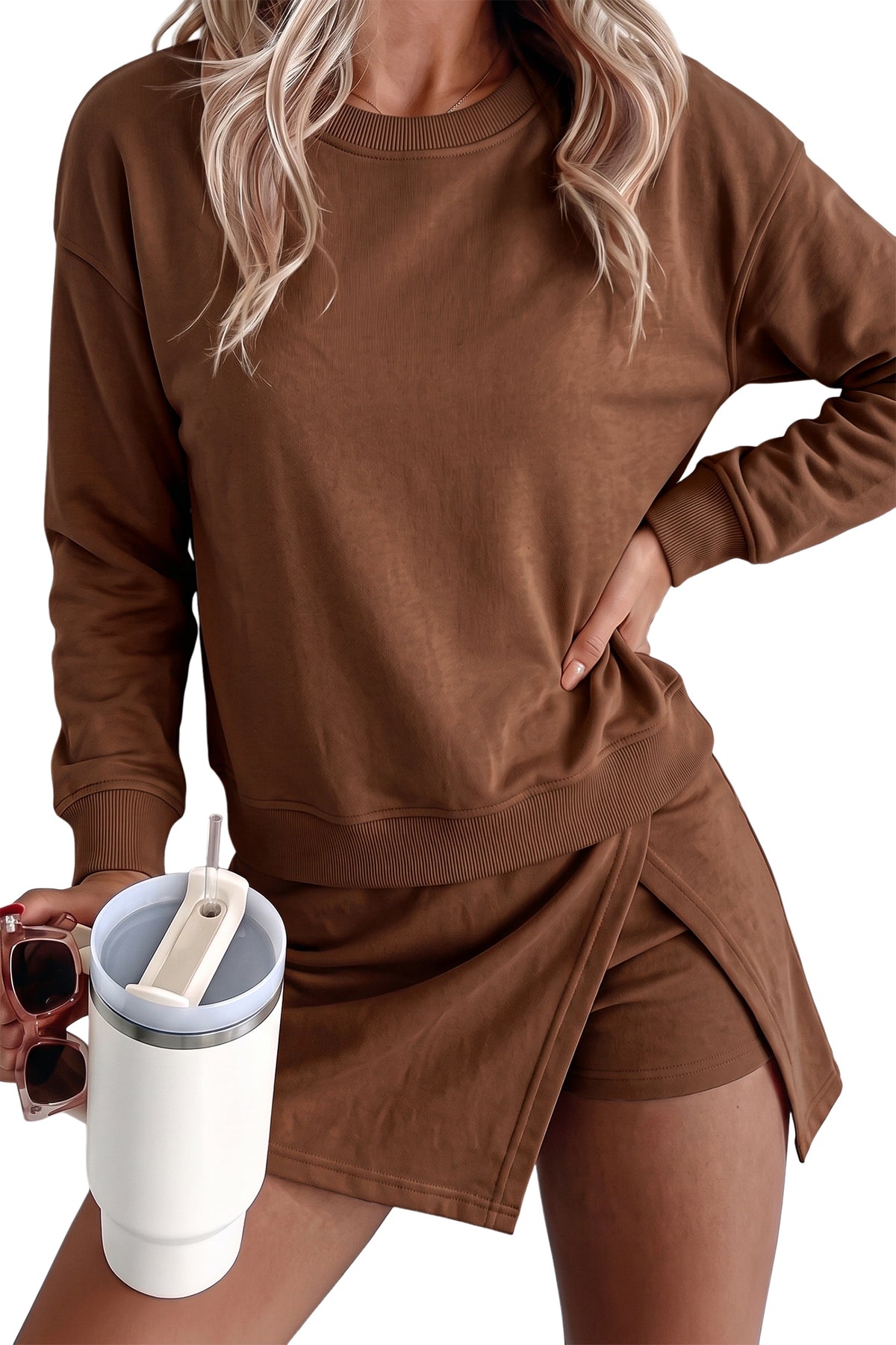 Long-Sleeve Top & Split Skort Two-Piece Set
