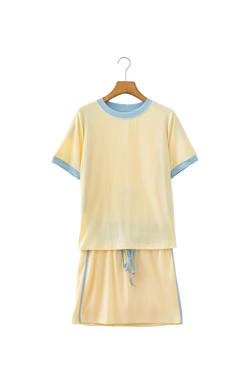 Yellow Ribbed Knit Color Block Trim Tee and Drawstring Skirt Set