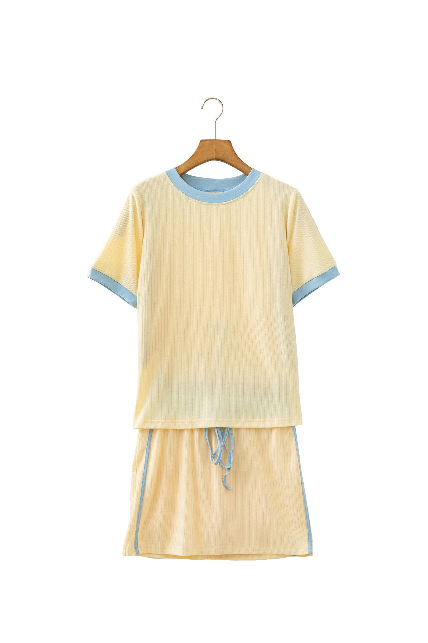 Yellow Ribbed Knit Color Block Trim Tee and Drawstring Skirt Set