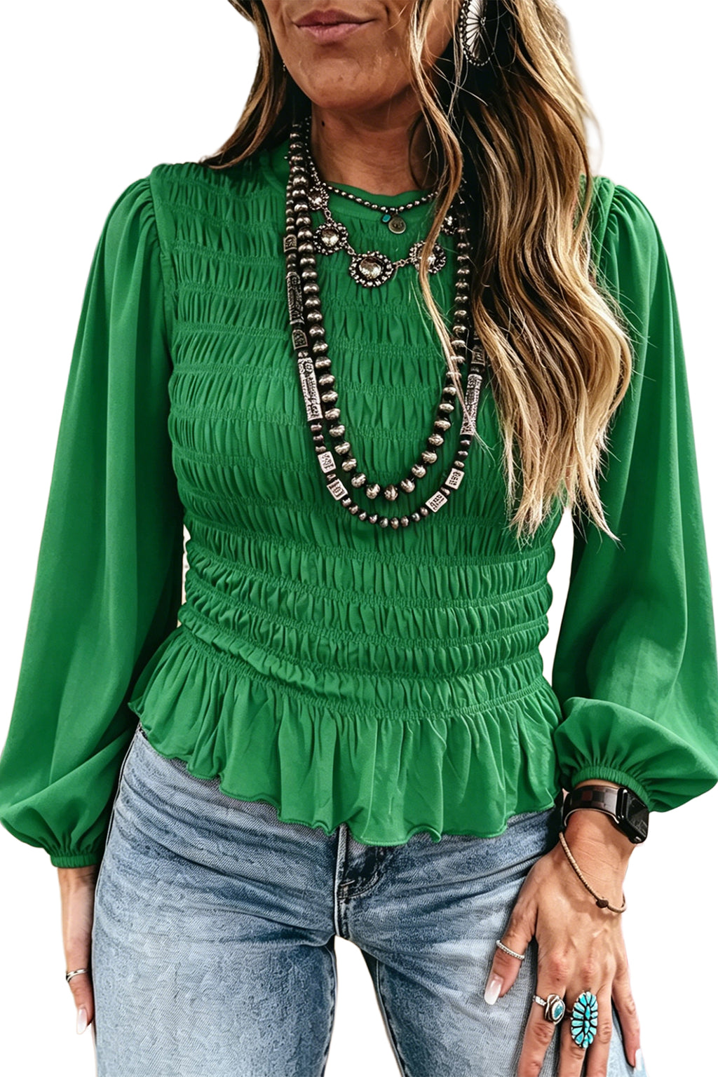Coffee Solid Color Smocked Ruffle Hem Long Sleeve Blouse