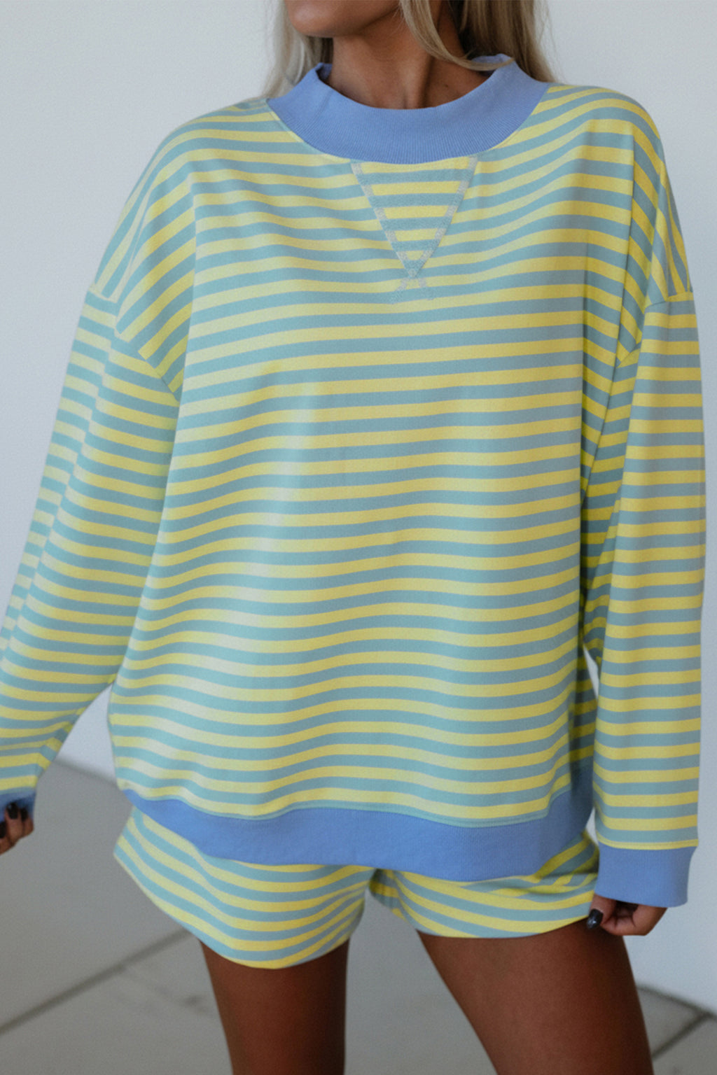 Green Stripe Color Block Detail Long Sleeve Pullover Elastic Waist Pull On Shorts 2pcs Set