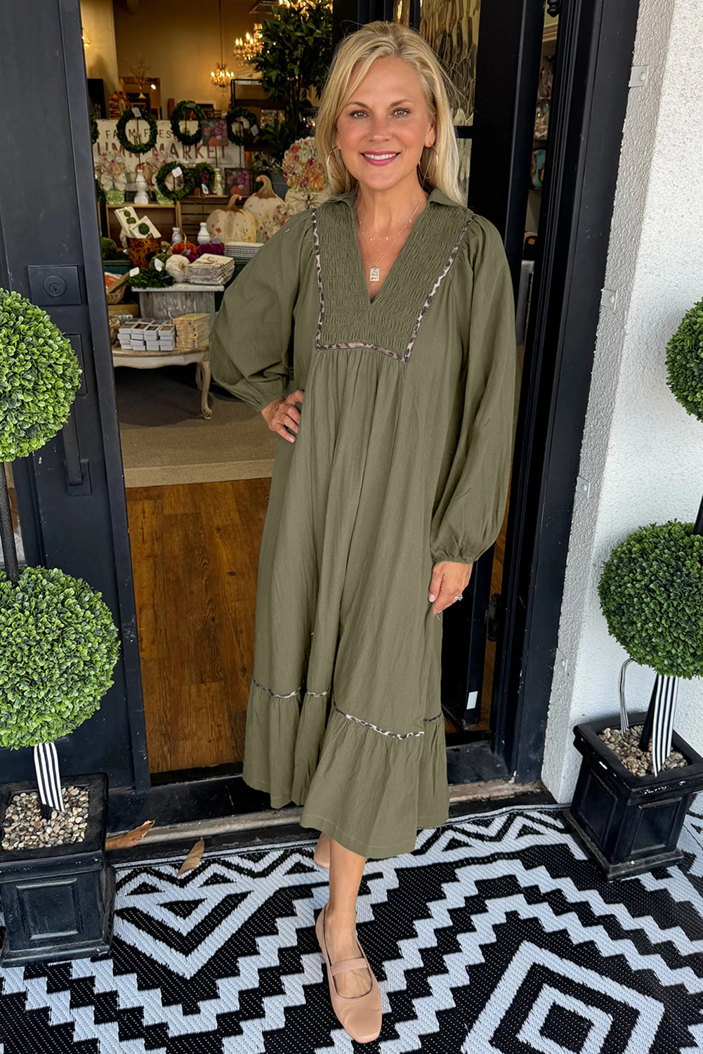 Four Leaf Clover Collared V Neck Smocked Detail Contrast Leopard Trim Bracelet Sleeve Long Dress