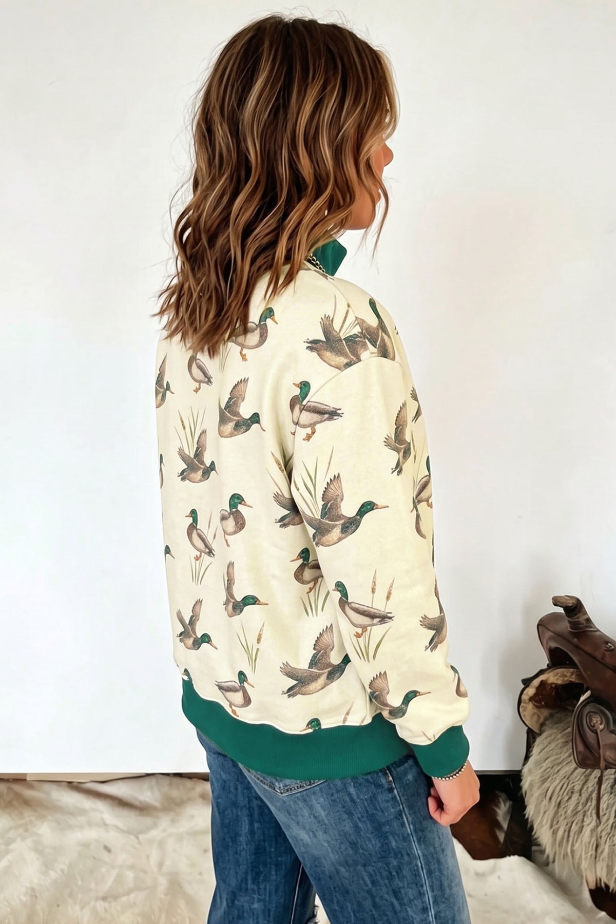 Multicolour Mallard Print Patchwork Colorblock High Neck Sweatshirt