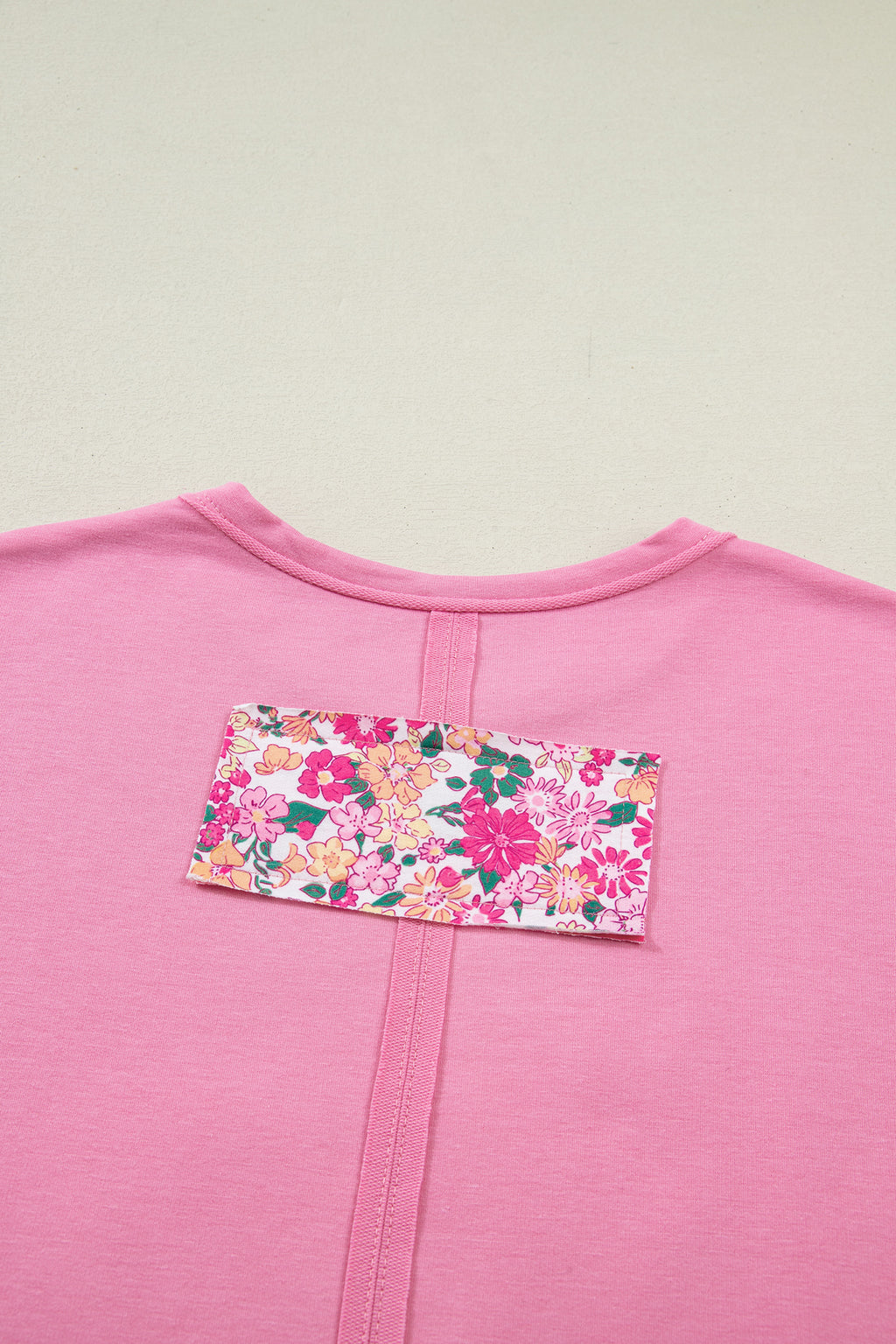 Bright Pink Floral Patched Raw Seam Big Flower Oversize Tee