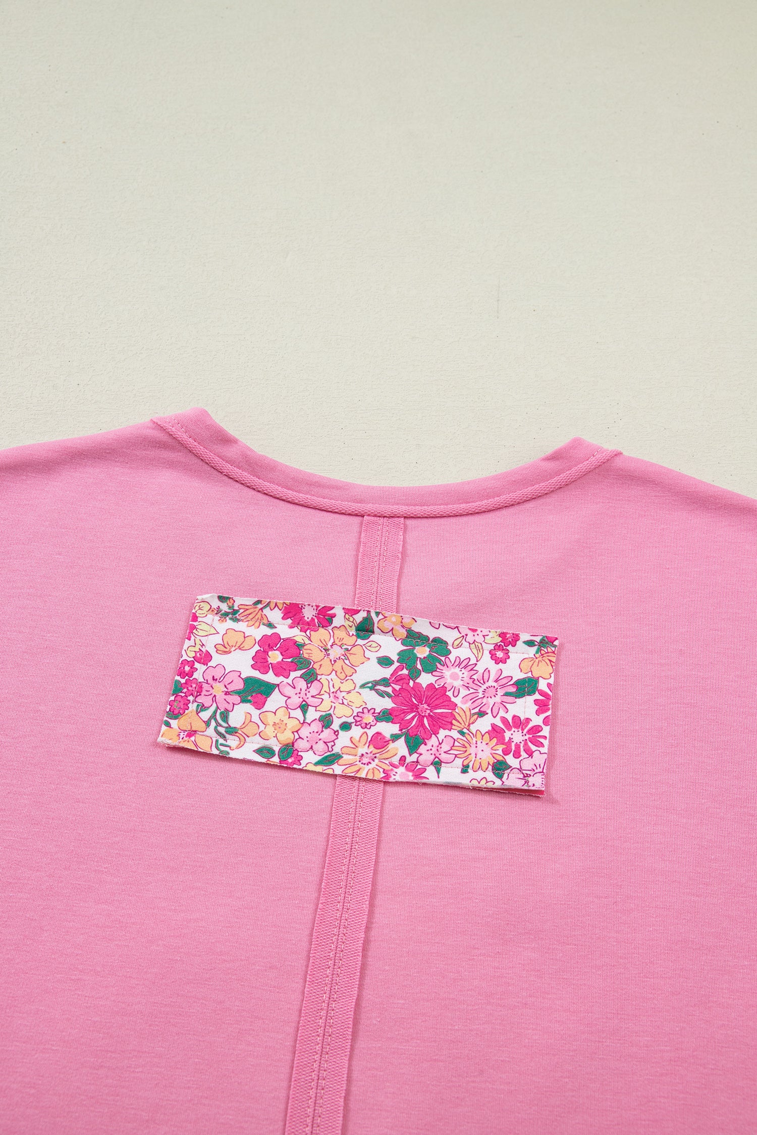 Bright Pink Floral Patched Raw Seam Big Flower Oversize Tee