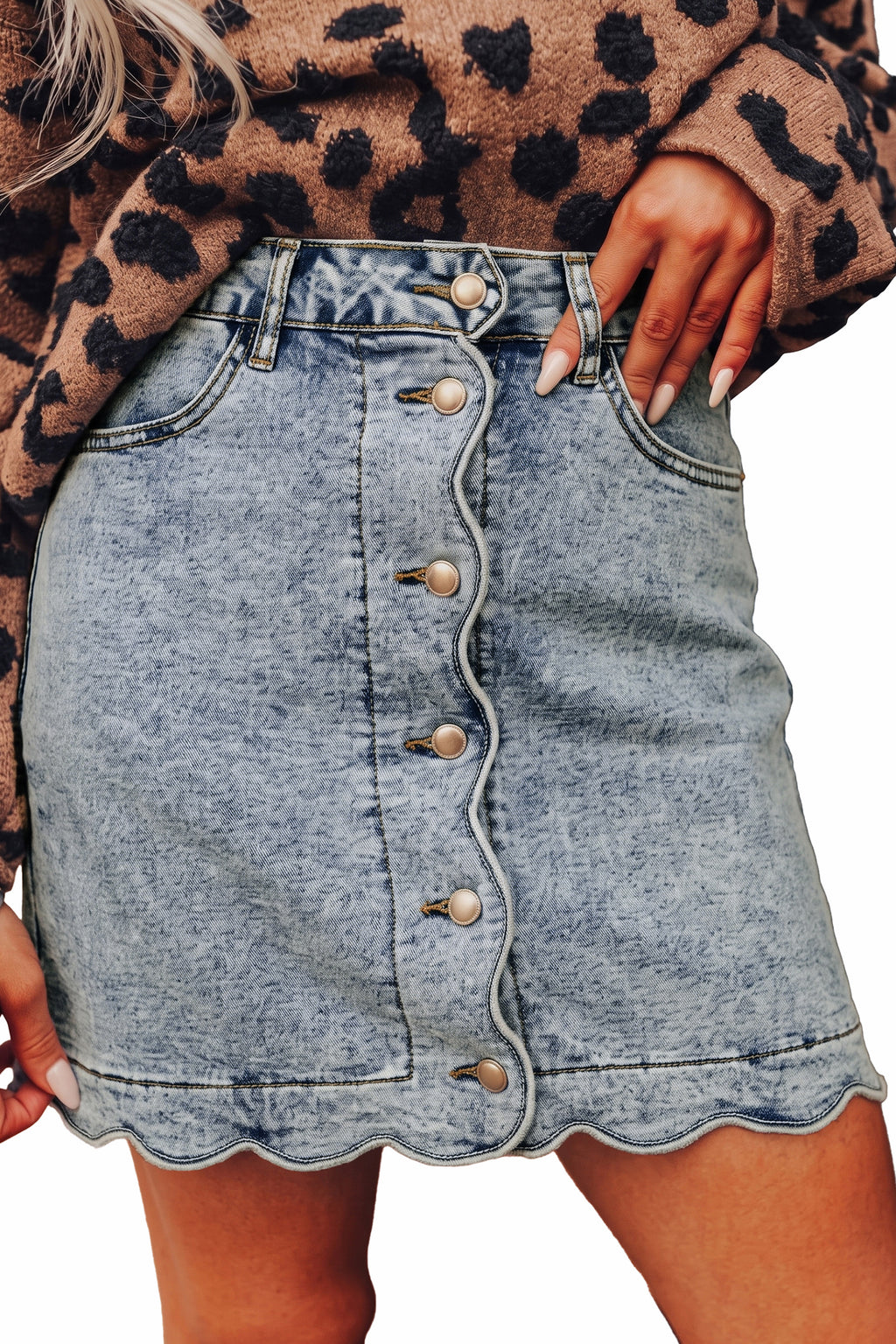Myosotis High-Waisted Scalloped Button-Front Denim Skirt