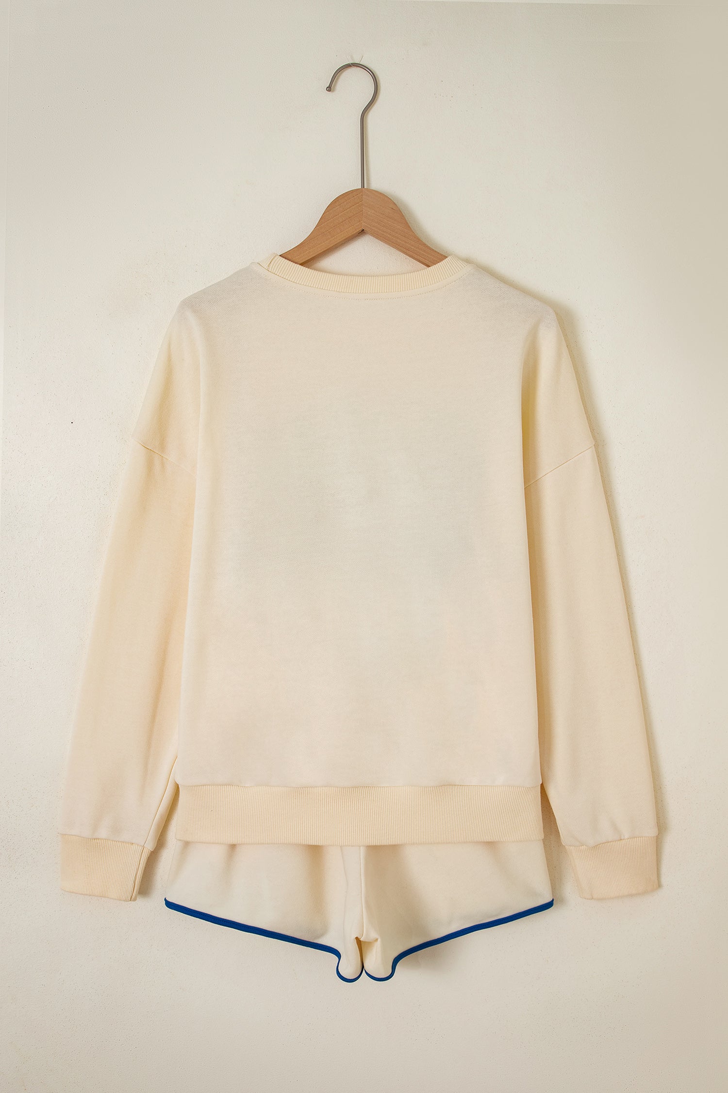 Beige Game Day Crewneck Long Sleeve Pullover Athleisure Short Sets