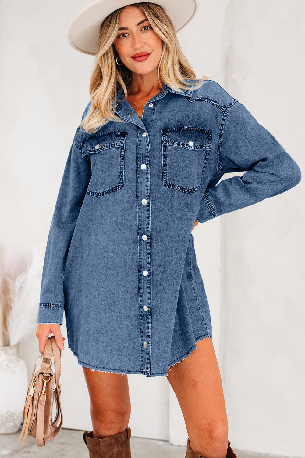 Blue Beau Chest Pocket Raw Hem Denim Loose Shirt Dress