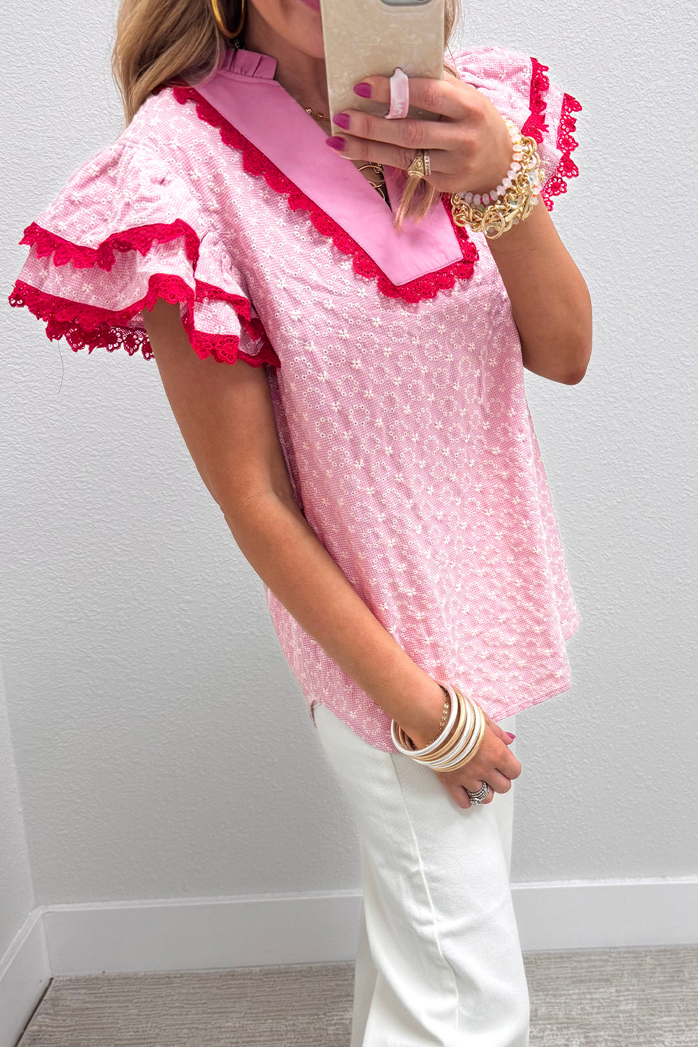 Beau Blue Eyelet Embroidered Flower Texture Contrast Lace Trim Flutter Sleeve Blouse