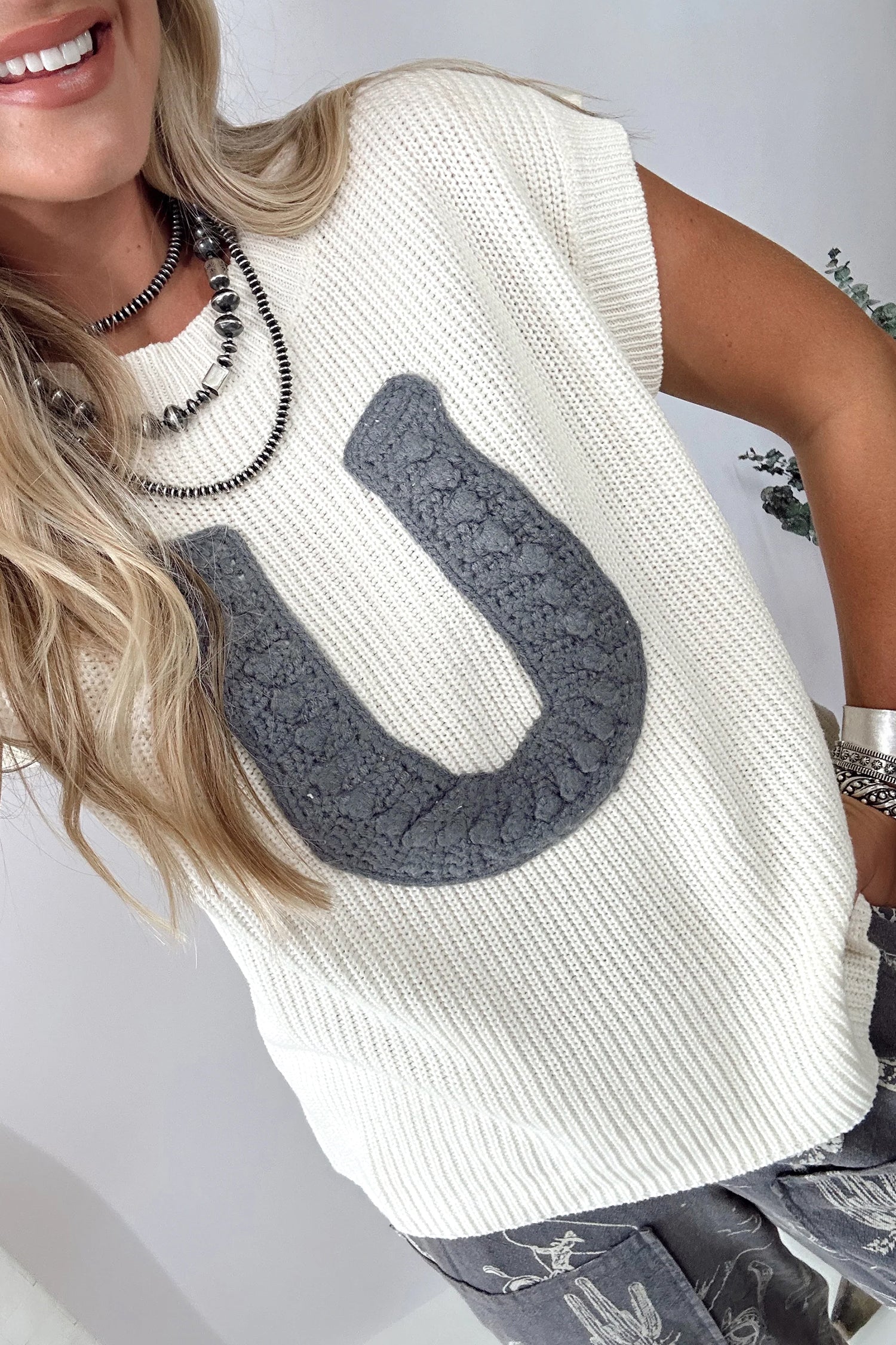 Turquoise Crochet Horseshoe Short Sleeve Knit Sweater