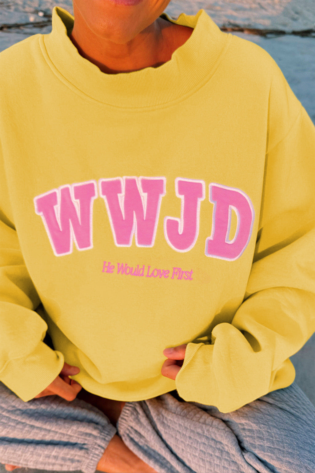 WWJD Embroidered Mock Neck Sweatshirt