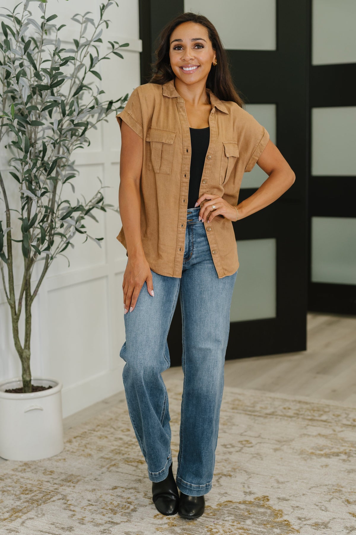 Cloud Nine to Five Button Down Blouse in Deep Camel