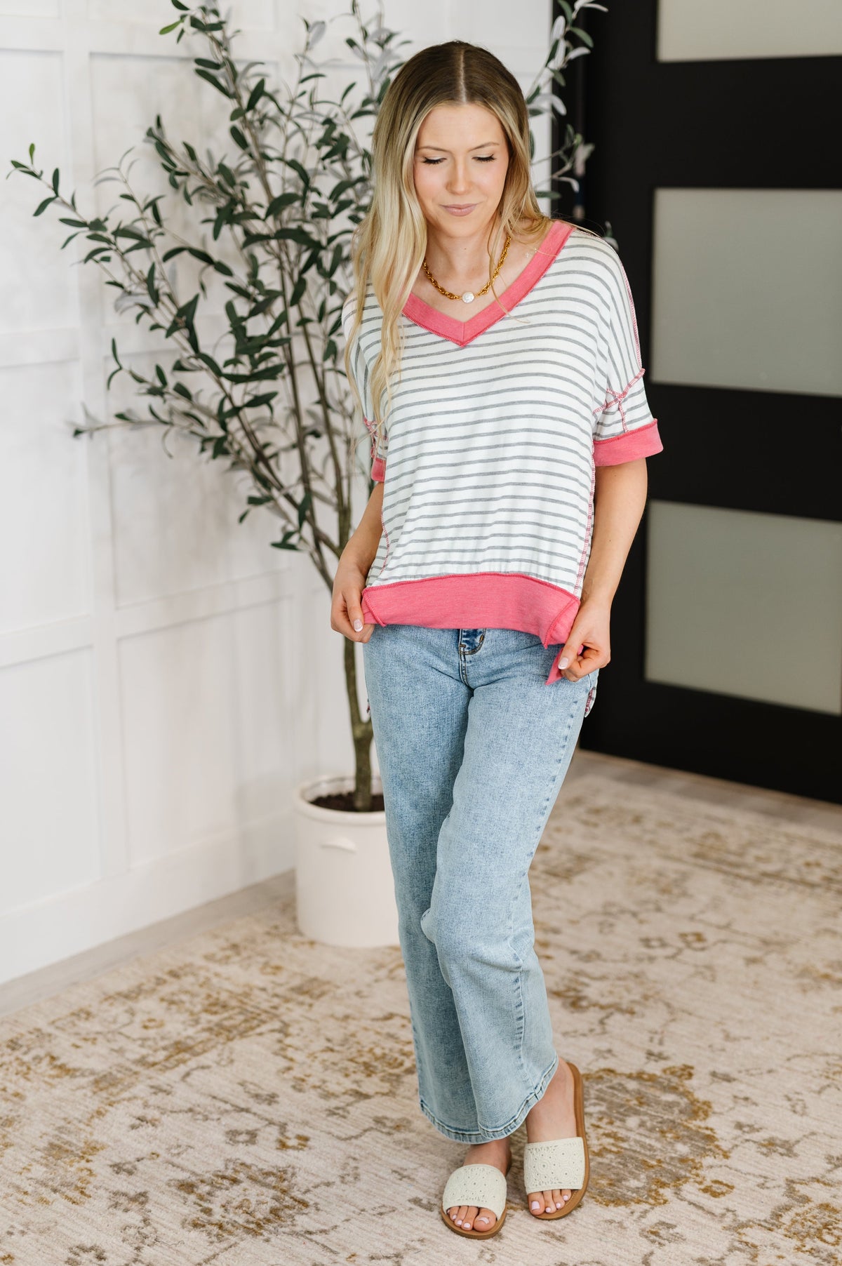 Dressed to Chill V-Neck Top in Heather/Grey/Ivory/Pink