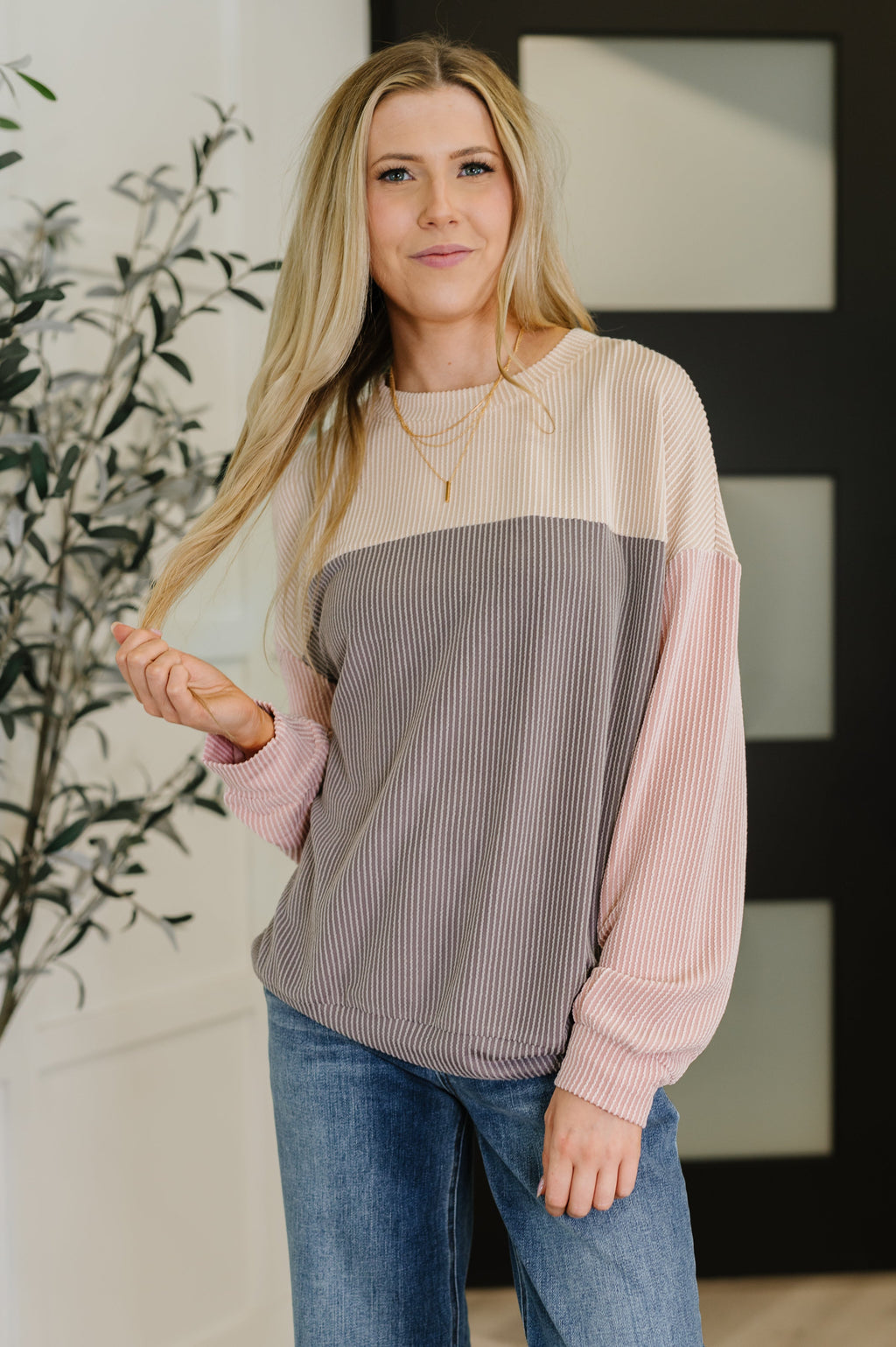 Dual Tones Cable Ribbed Knit Sweater