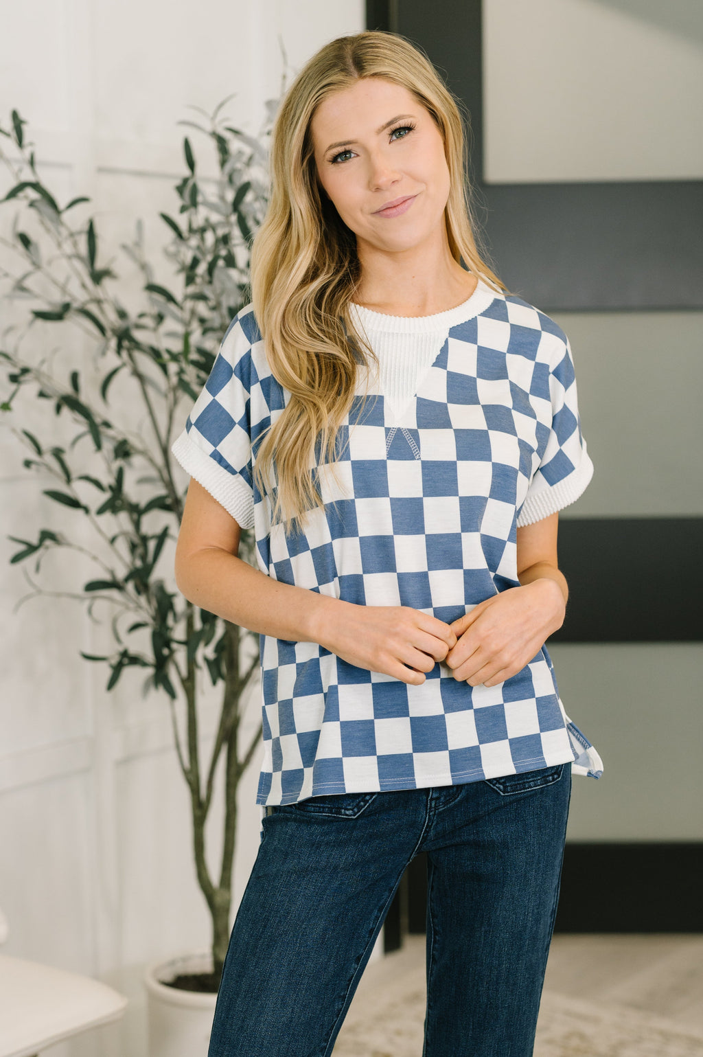 I've Been Everywhere Crew Neck Checkered Top in Blue