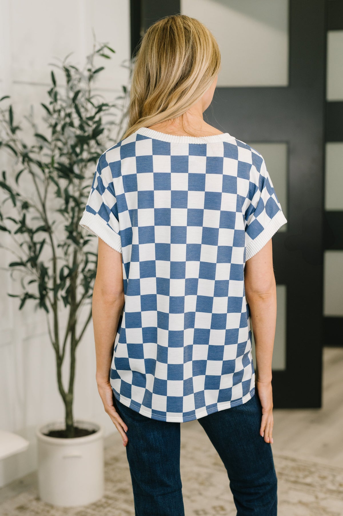 I've Been Everywhere Crew Neck Checkered Top in Blue