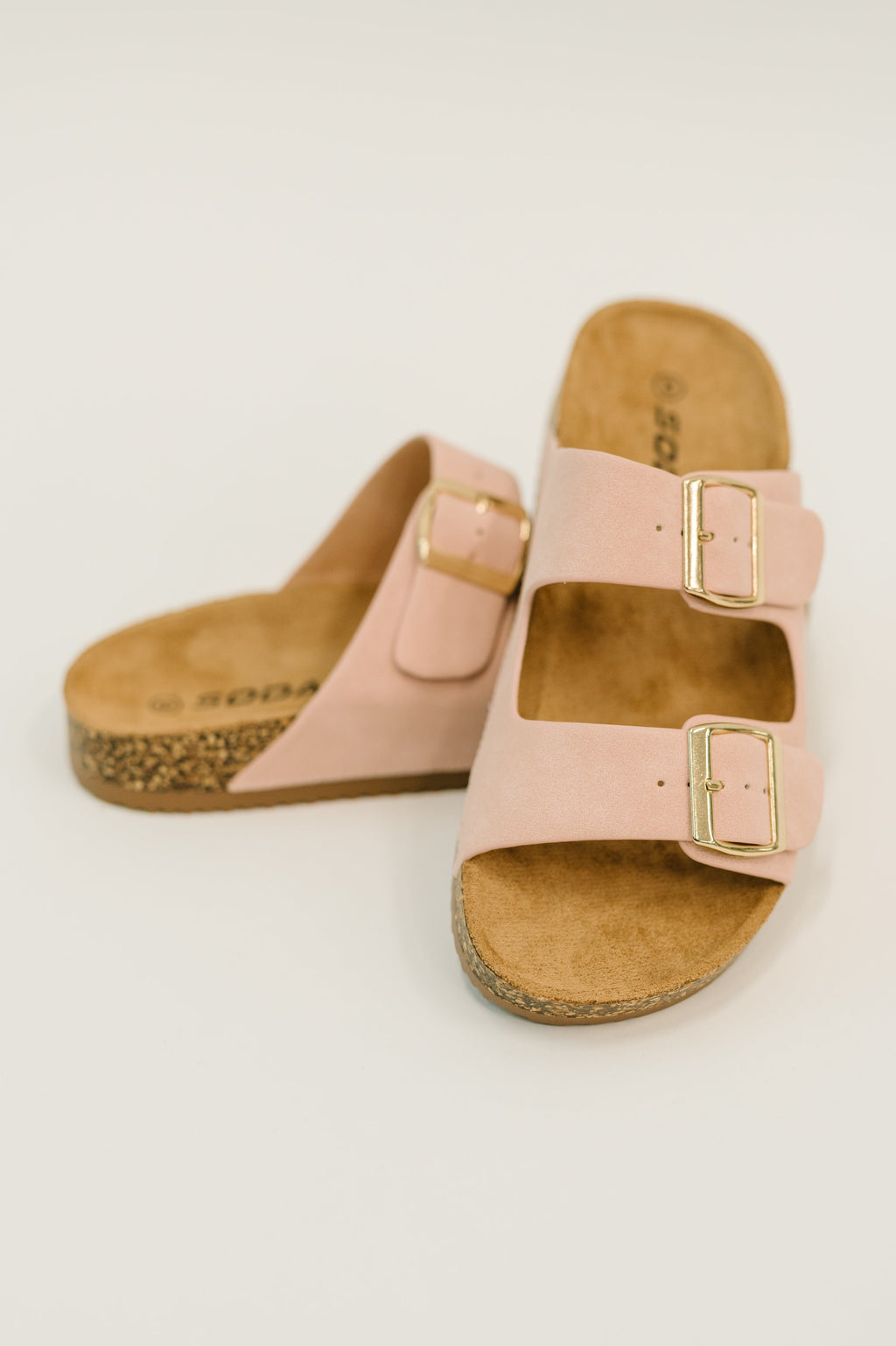 Jete Nubuck Double Buckle Slides in Blush