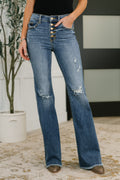 Marion Mid Rise Button Fly Flare with Destroy Fray Hem