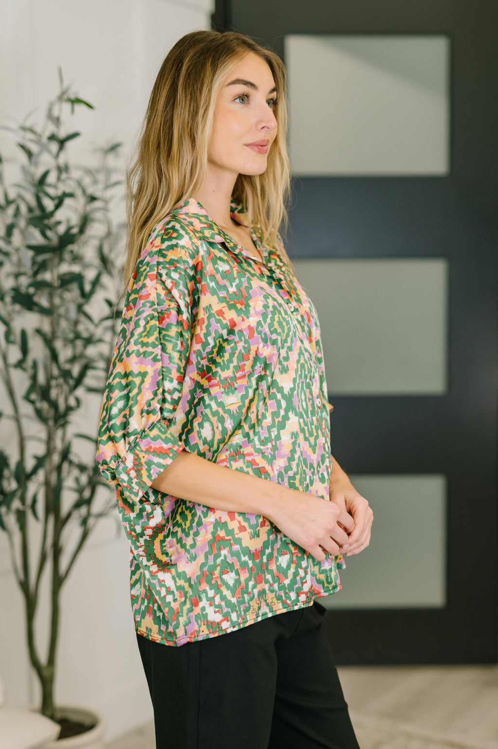 Optical Illusion Button Up Blouse