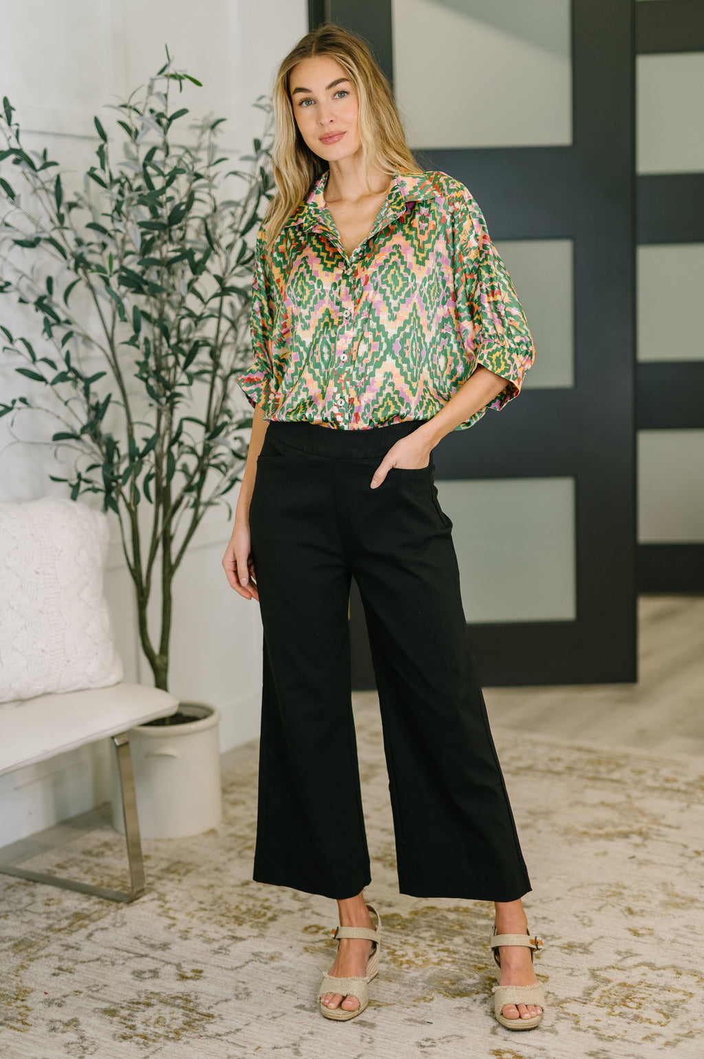 Optical Illusion Button Up Blouse