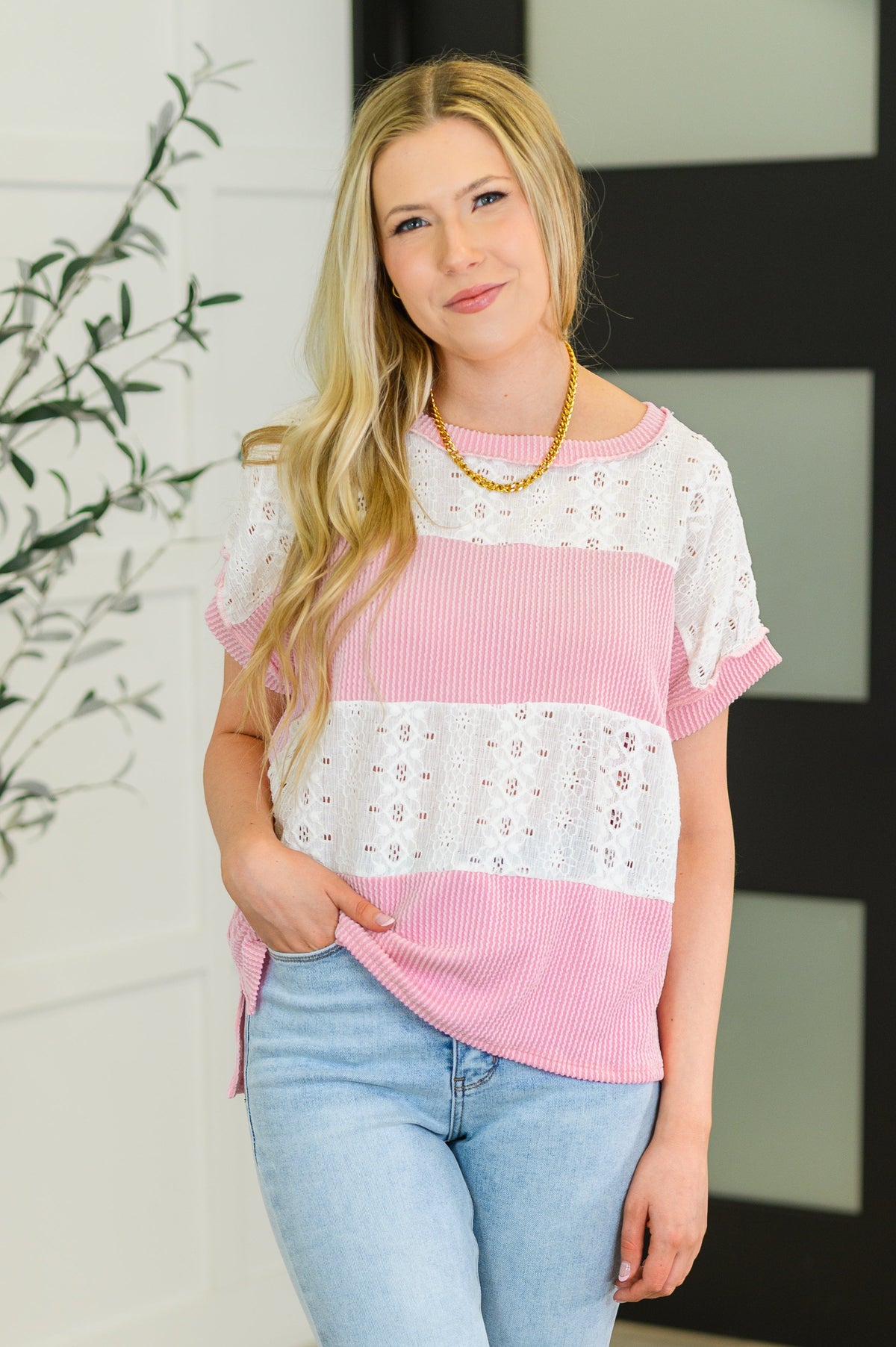 Parlour Picnic Color Block Knit Top in Pink