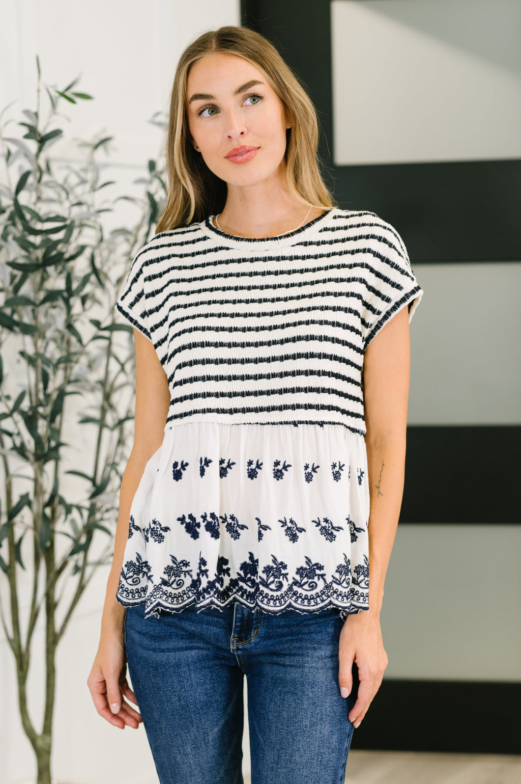 Too Sweet to Share Scalloped Hem Blouse in Ivory and Navy